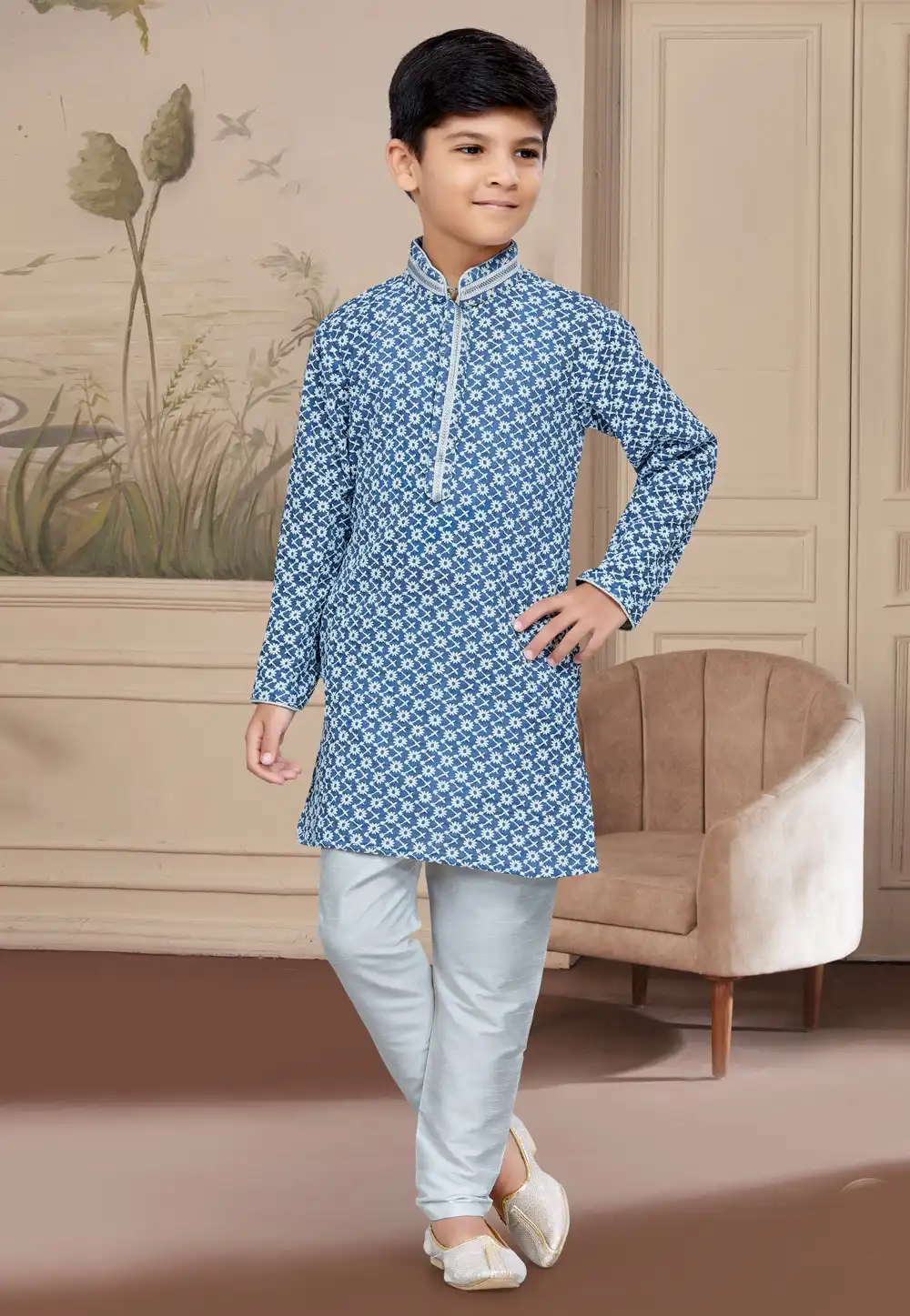 Blue Rayon Readymade Kids Kurta Pajama 267606