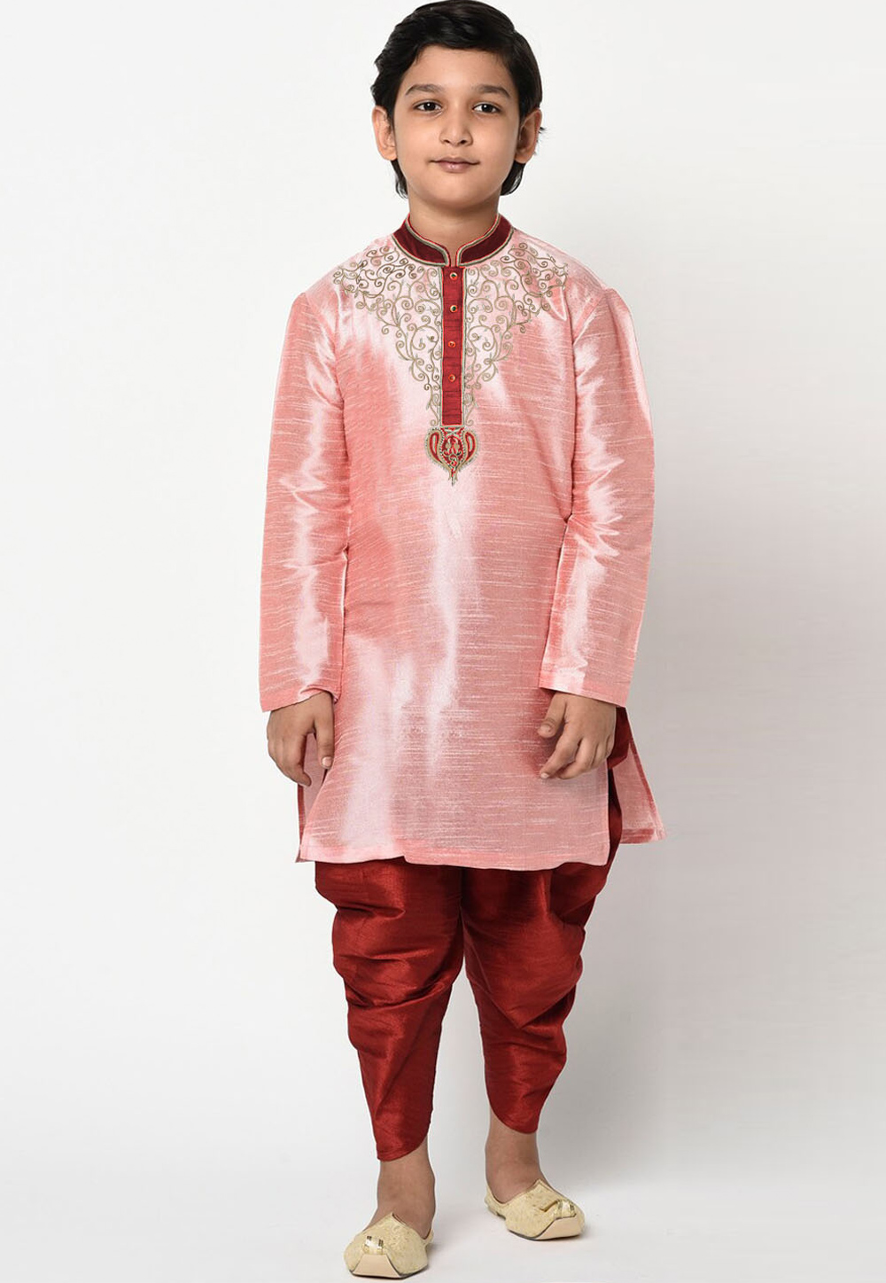 Pink Dupion Silk Readymade Kids Kurta Pajama 257145