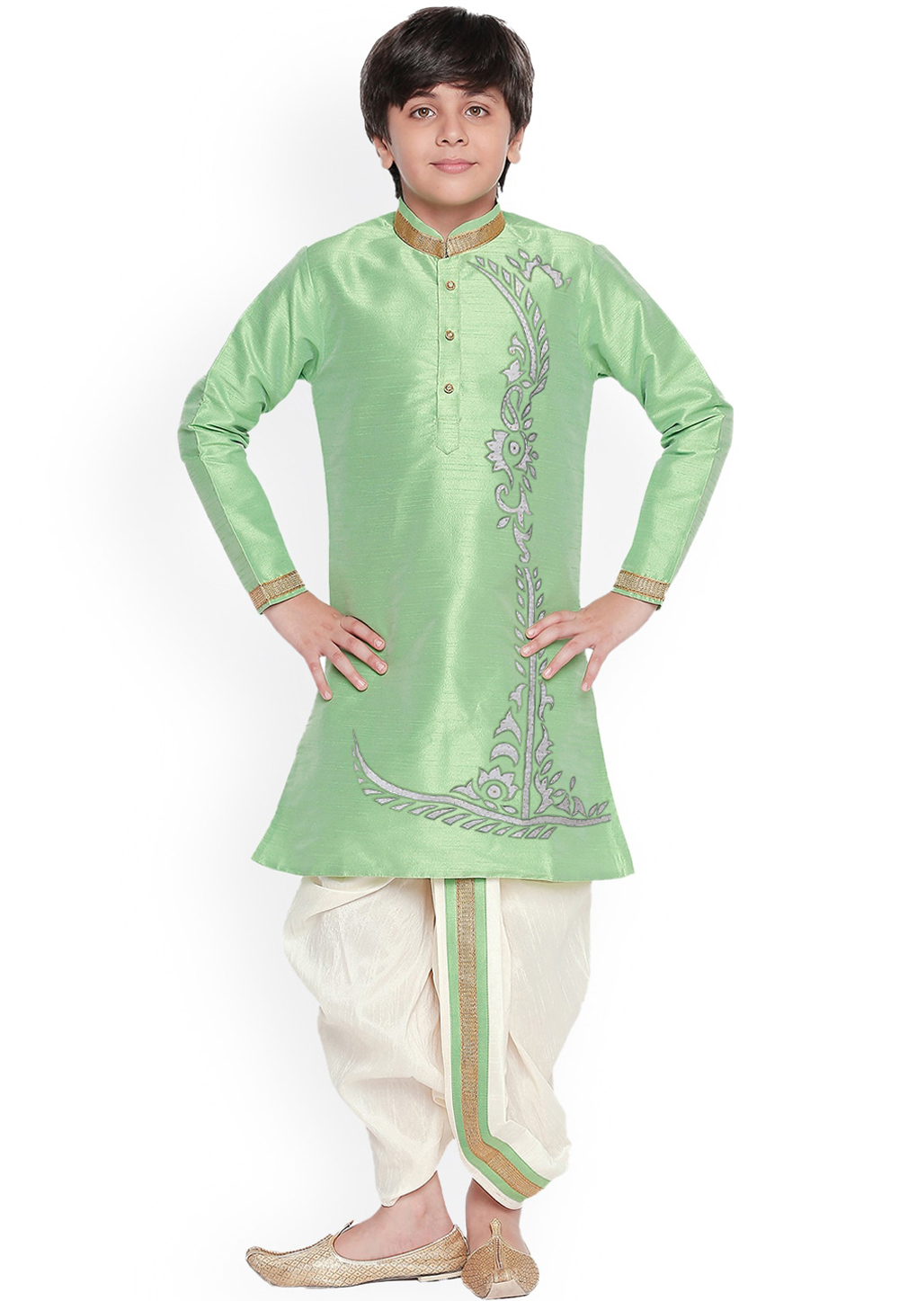 Pista Green Dupion Silk Readymade Kids Kurta Pajama 257146