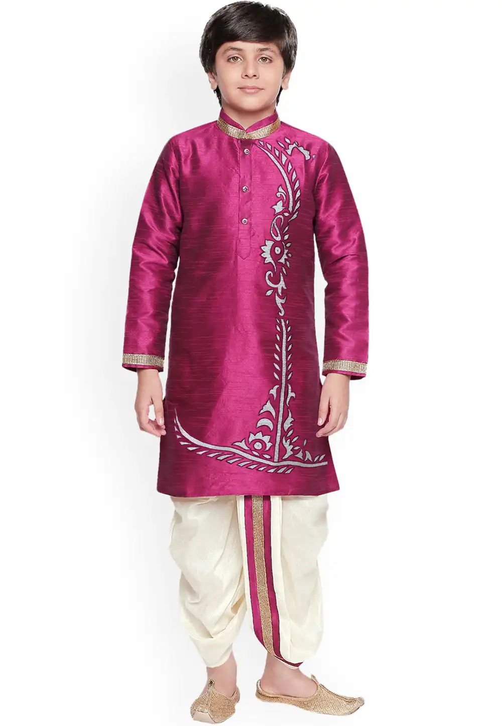 Magenta Dupion Silk Readymade Kids Kurta Pajama 257147