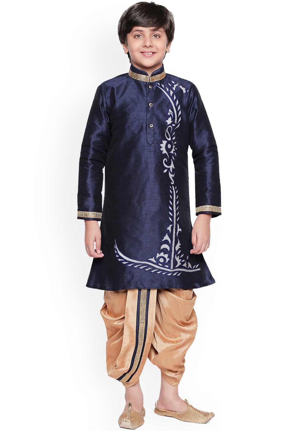Navy Blue Dupion Silk Readymade Kids Kurta Pajama 257151