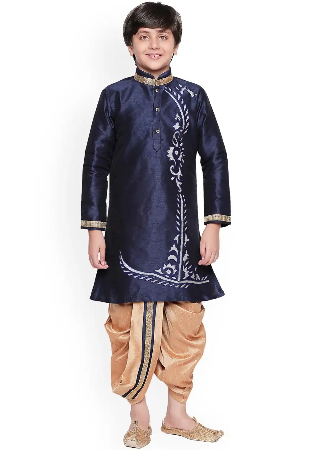 Navy Blue Dupion Silk Readymade Kids Kurta Pajama 257151