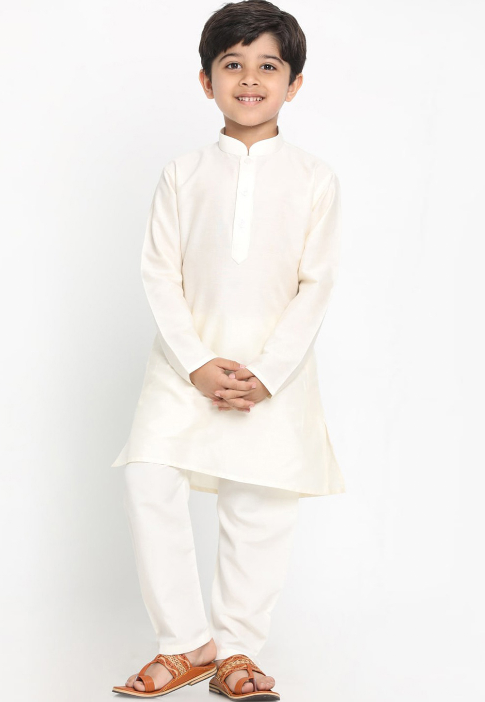 White Cotton Readymade Kids Kurta Pajama 257154