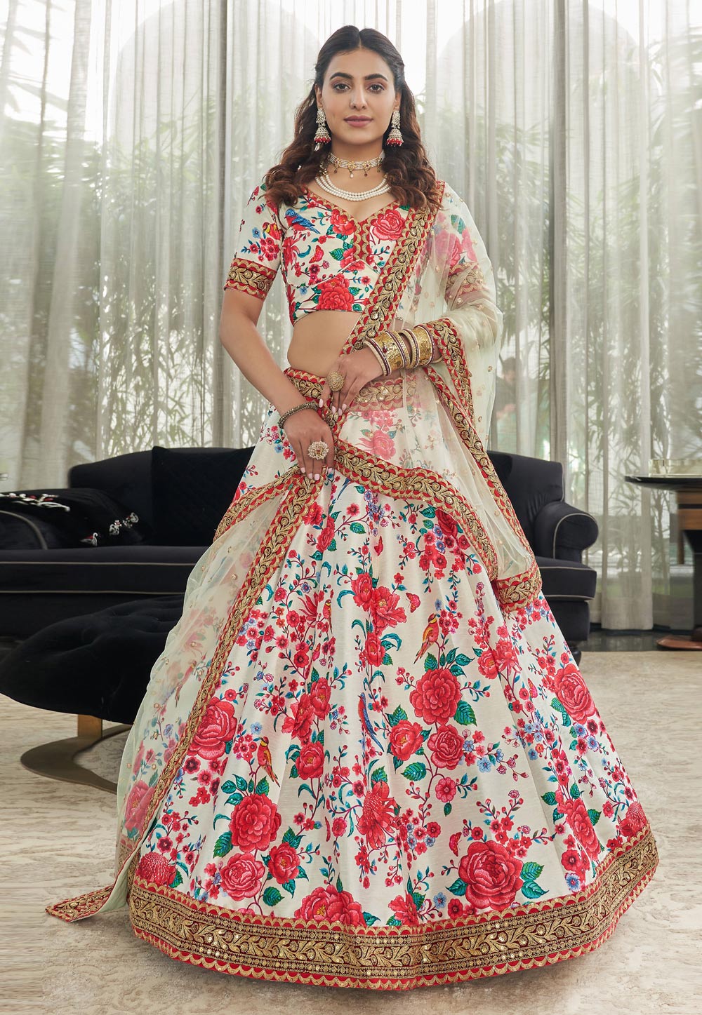 White Art Silk Floral Lehenga Choli 255054