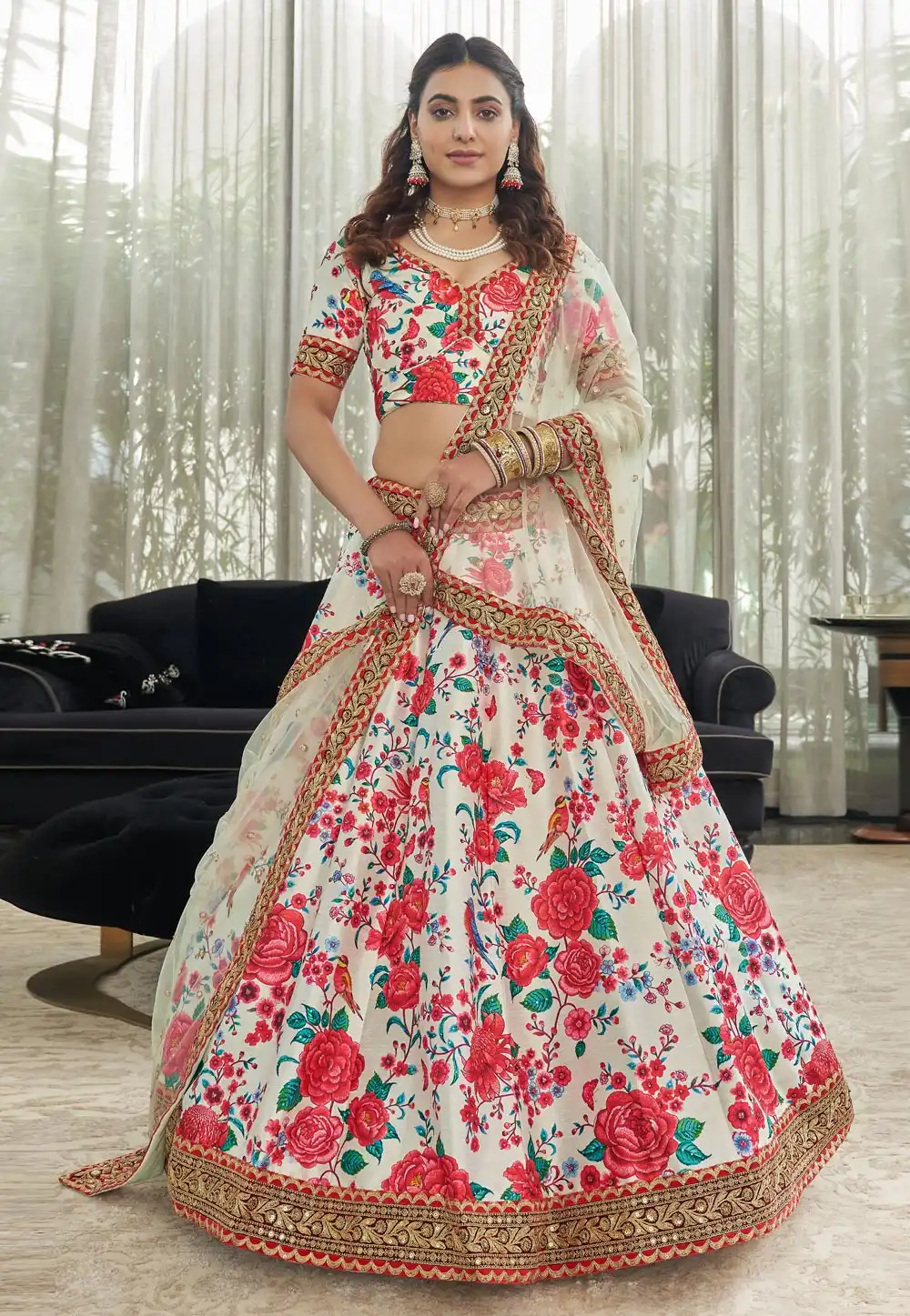 White Art Silk Floral Lehenga Choli 255054