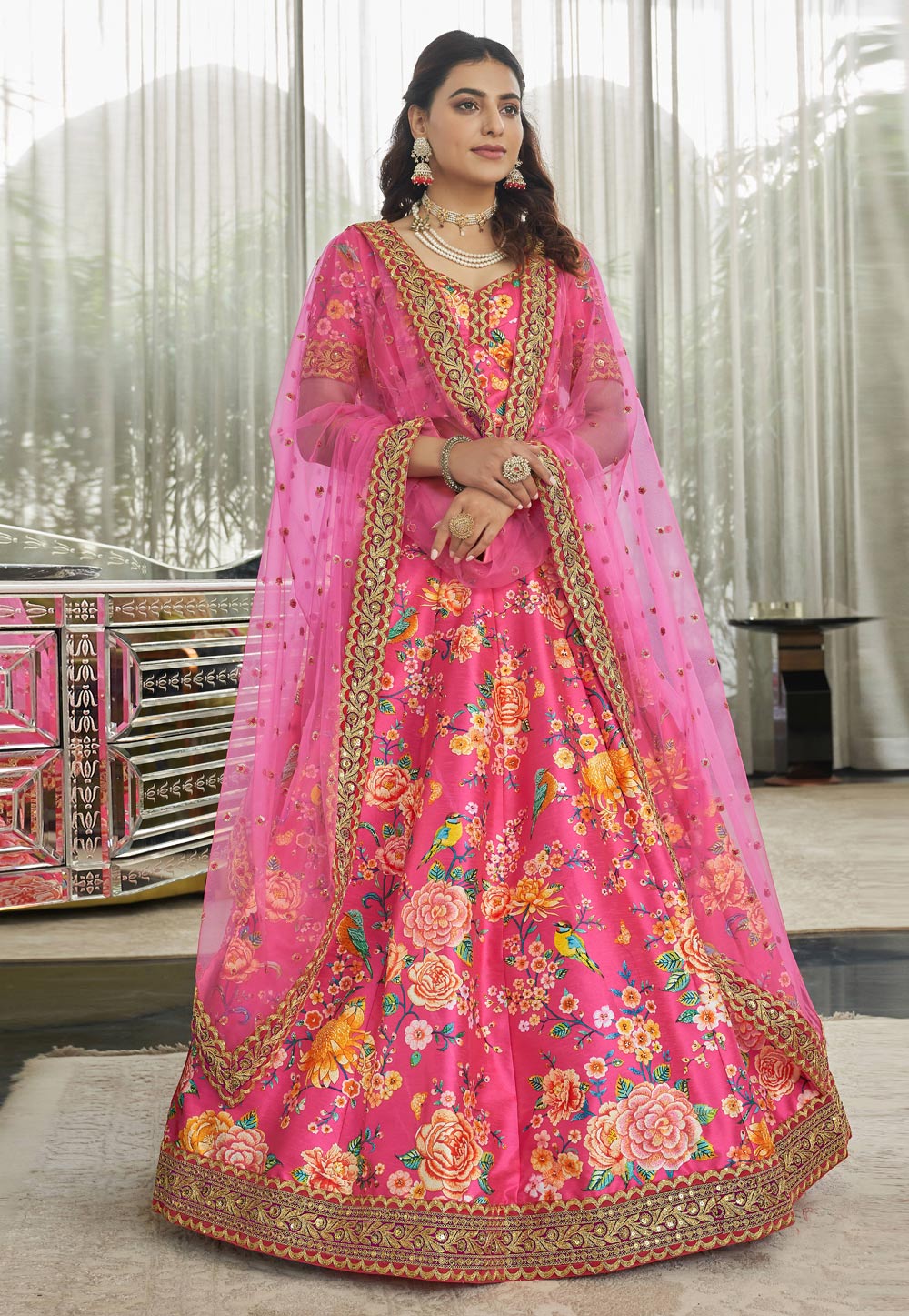 Pink Art Silk Floral Lehenga Choli 255055
