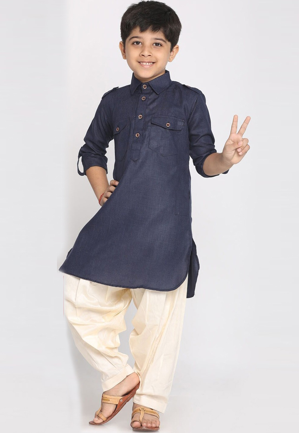 Navy Blue Cotton Readymade Kids Kurta Pajama 257158
