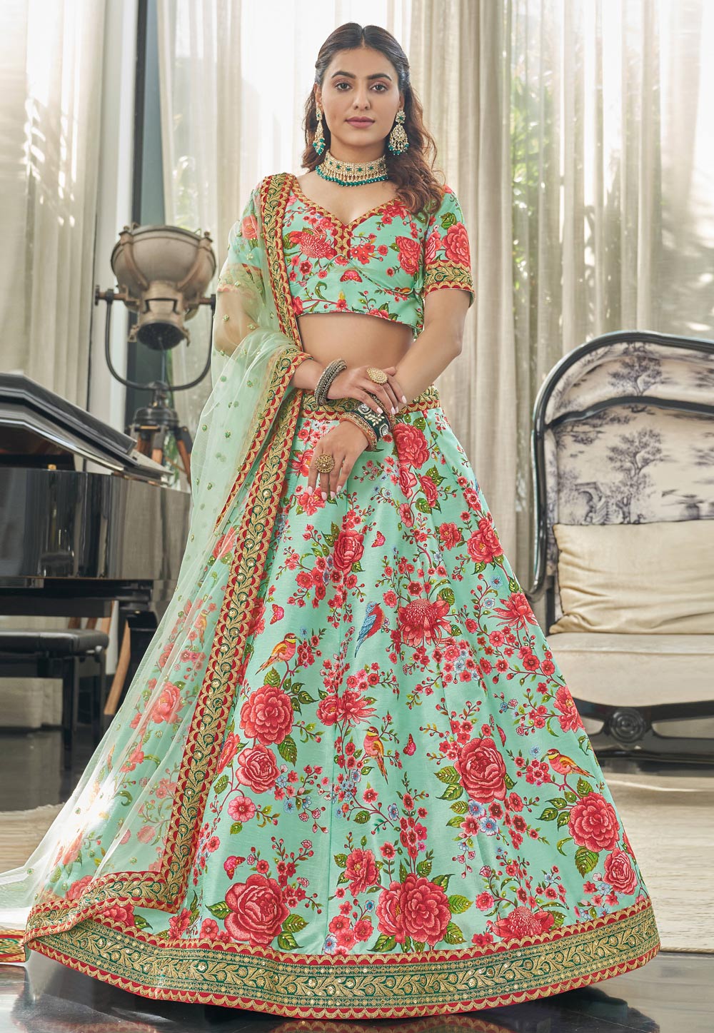 Sea Green Art Silk Floral Lehenga Choli 255056