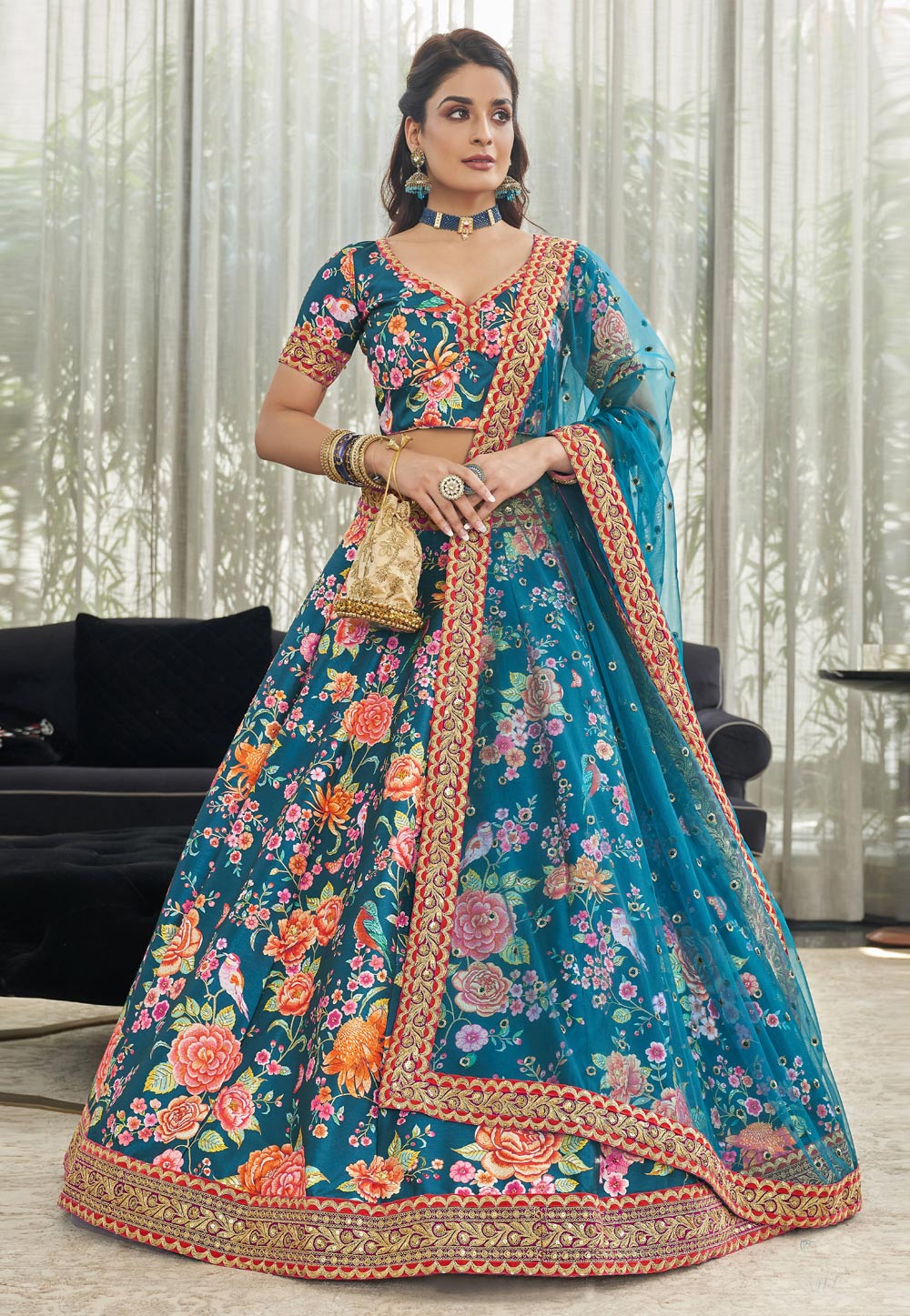 Teal Art Silk Floral Lehenga Choli 255057