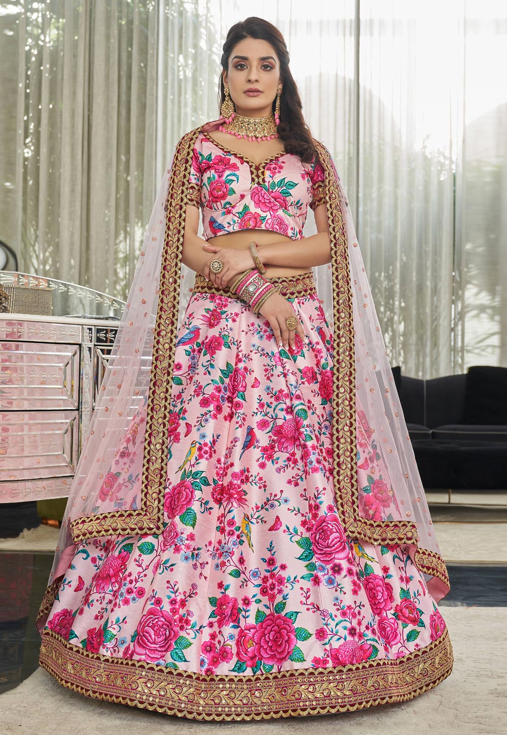 Light Pink Art Silk Floral Lehenga Choli 255058