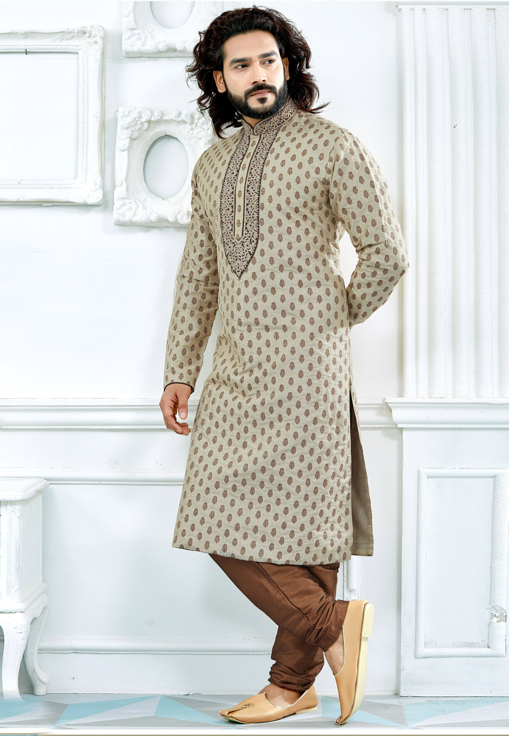 Beige Jacquard Readymade Kurta Pajama 183772