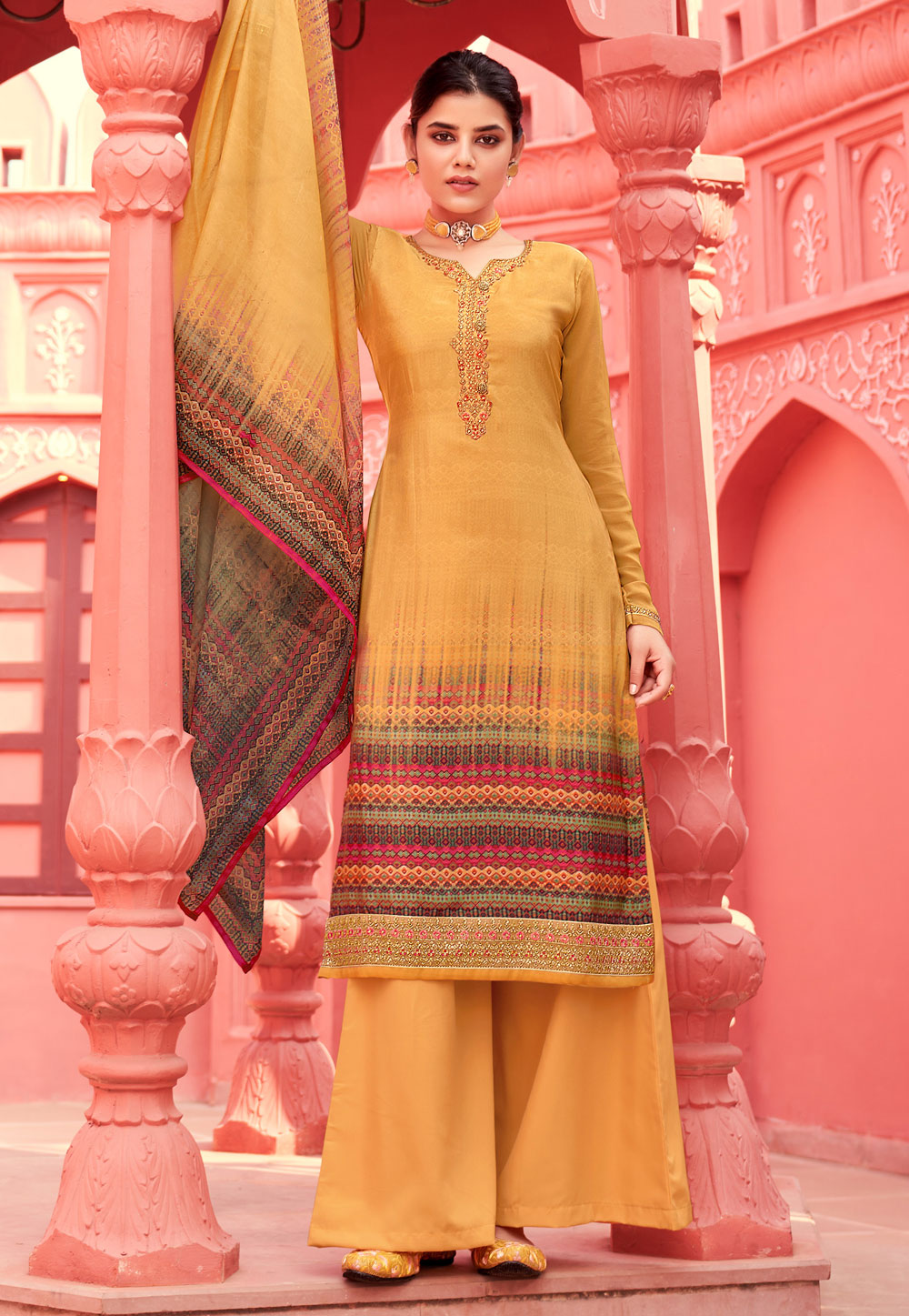 Yellow Crepe Kameez With Palazzo 238398