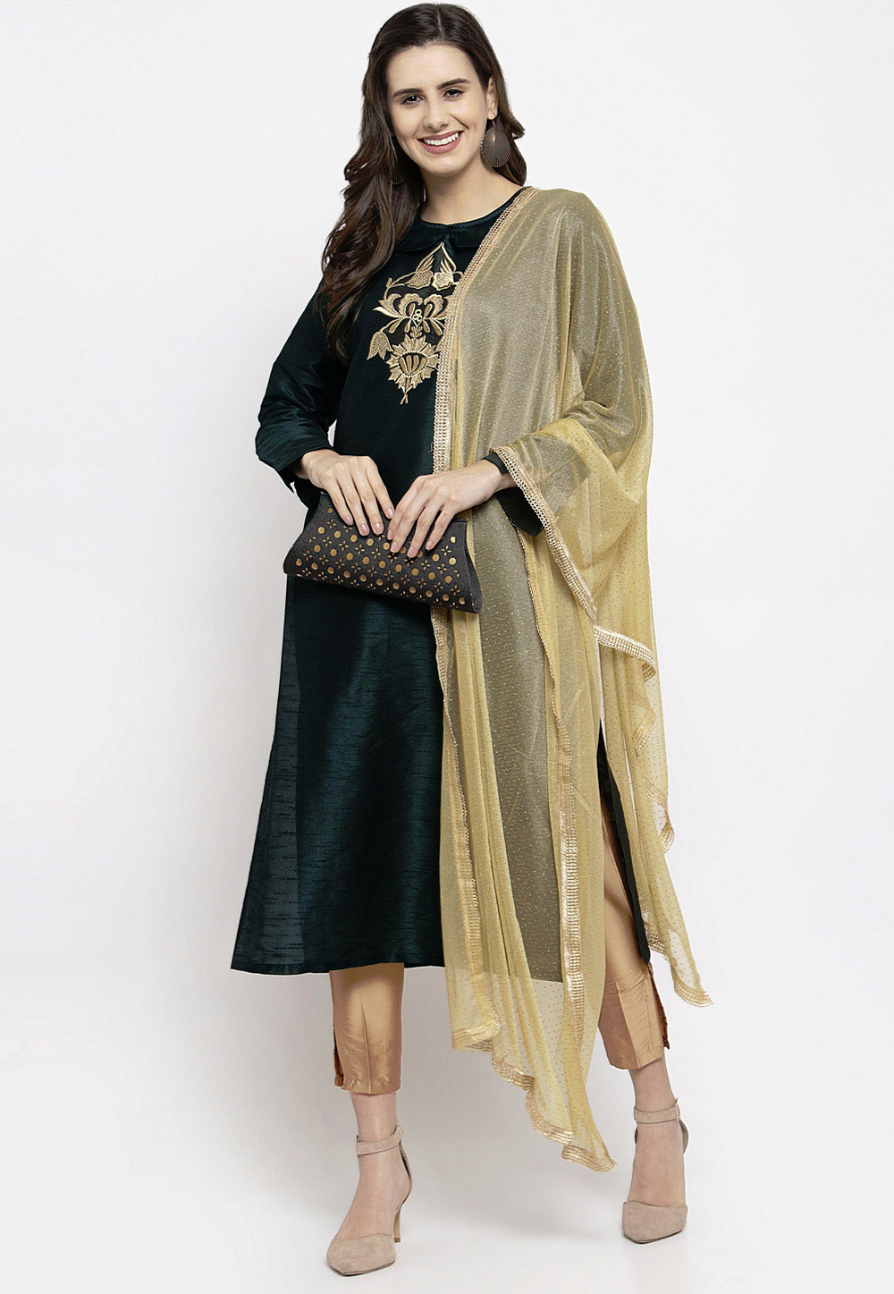Dark Green Silk Readymade Pant Style Suit 201286