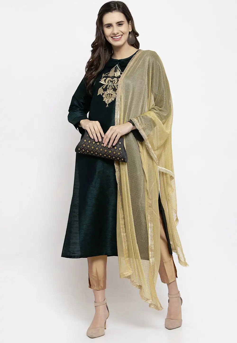Dark Green Silk Readymade Pant Style Suit 201286