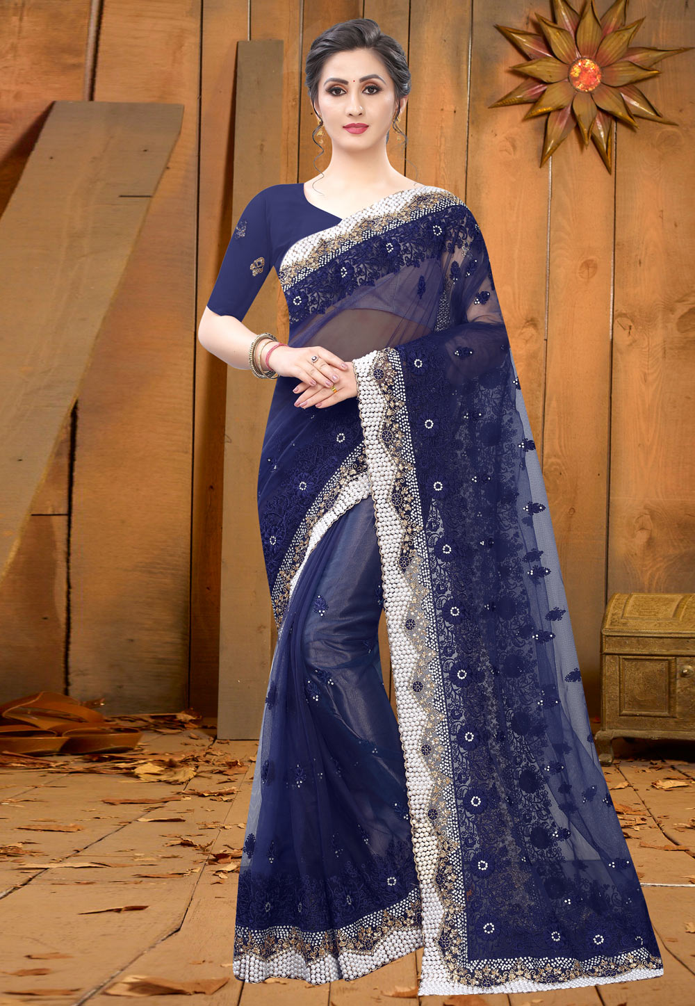 Blue Net Festival Wear Saree 214016