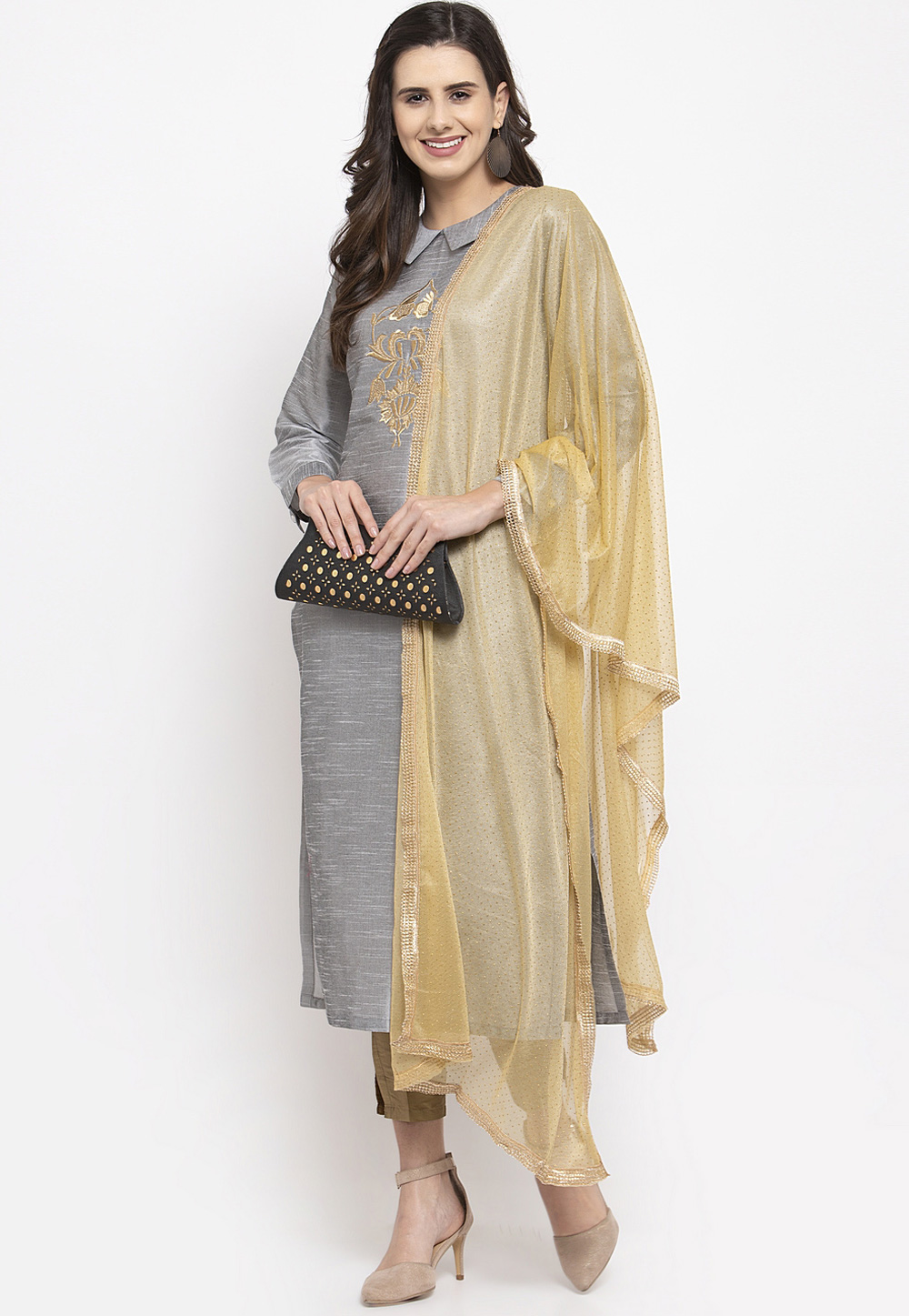 Grey Silk Readymade Kameez With Pant 201287