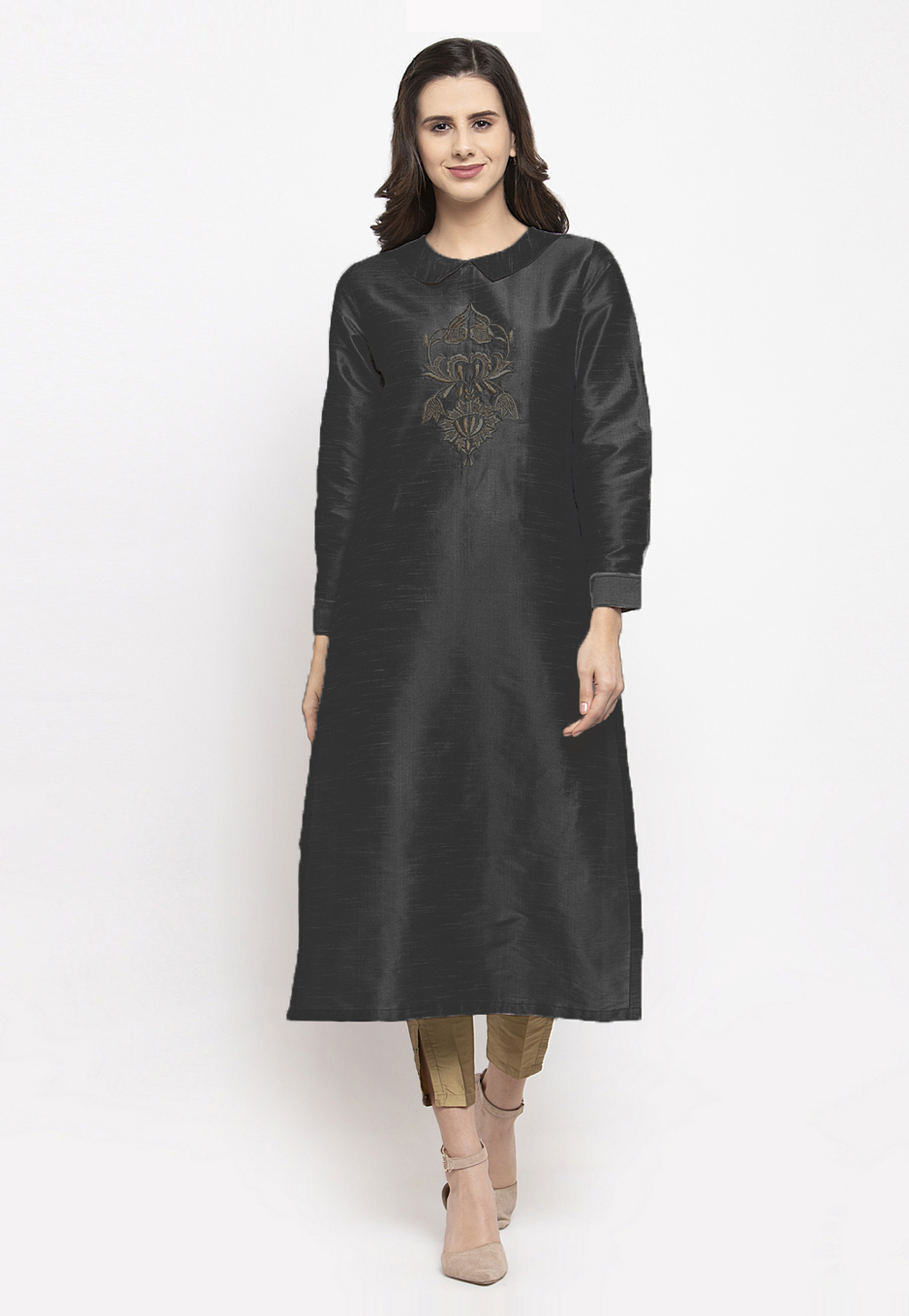 Black Dupion Silk Kurta Set With Pant 218390