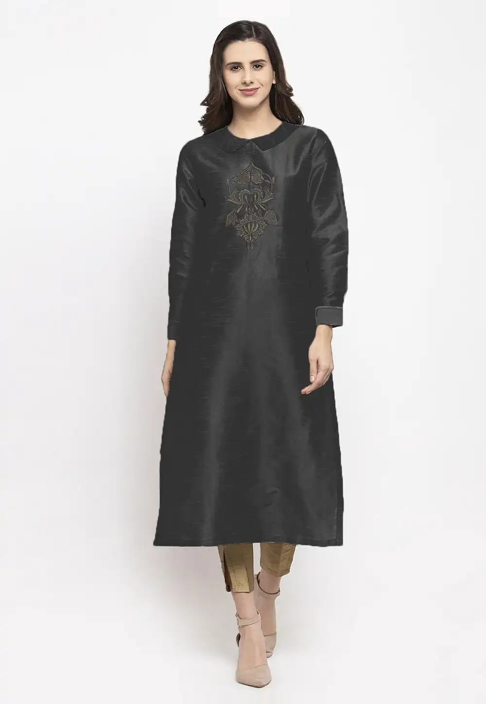 Black Dupion Silk Kurta Set With Pant 218390