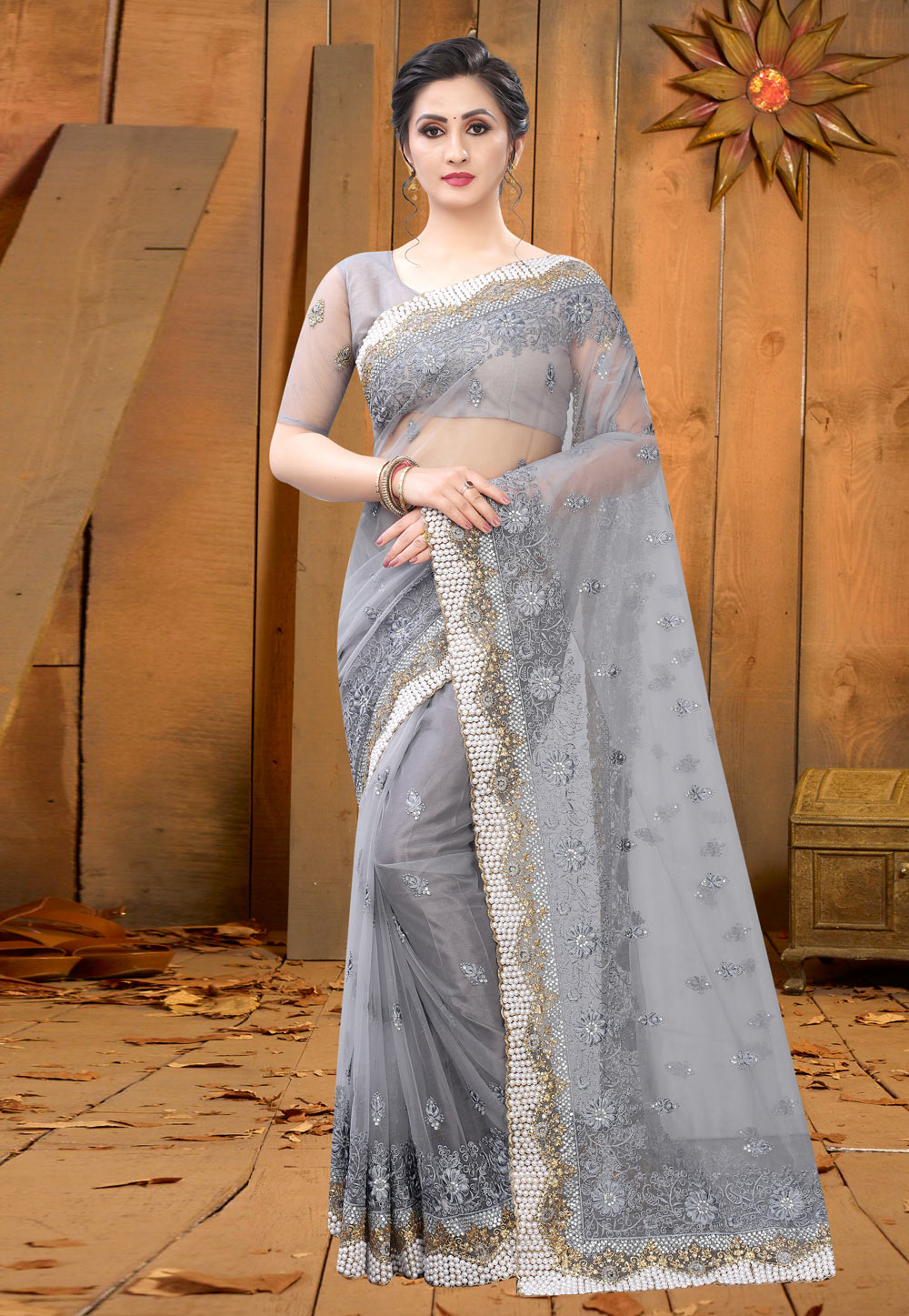 Grey Net Saree With Blouse 214017