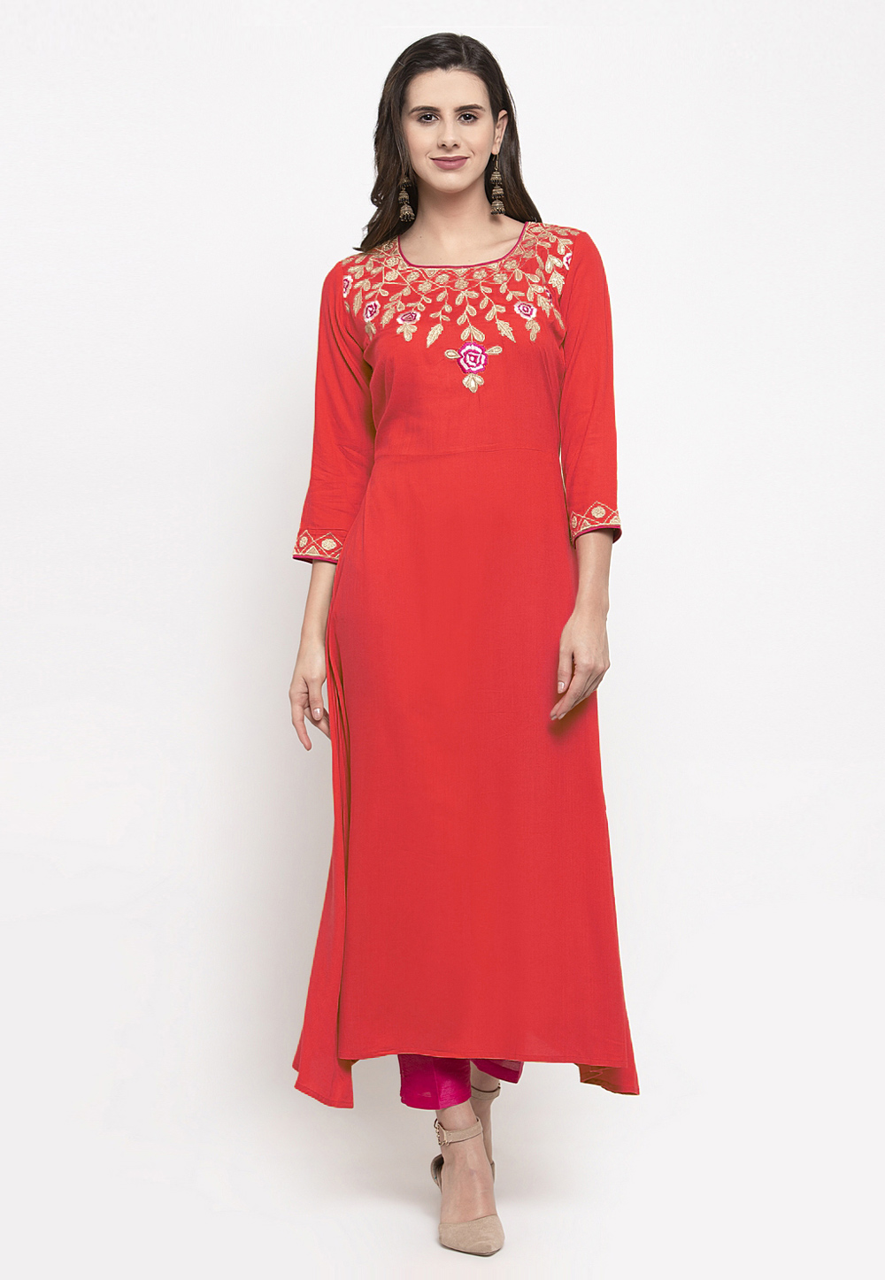Red Rayon Kurta Set With Pant 218397