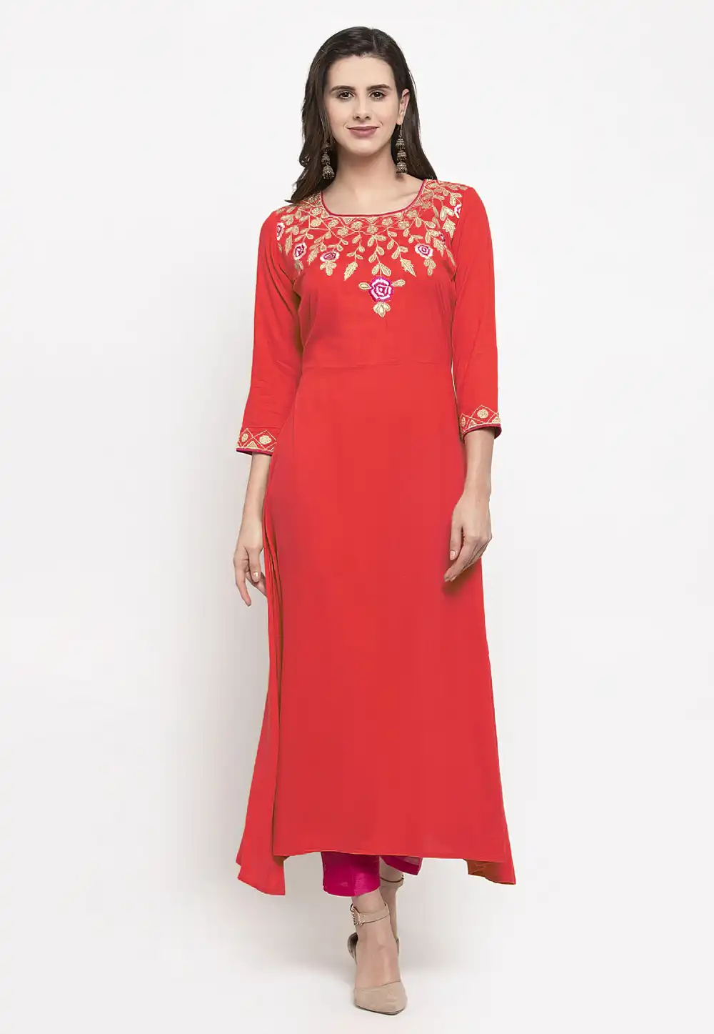 Red Rayon Kurta Set With Pant 218397