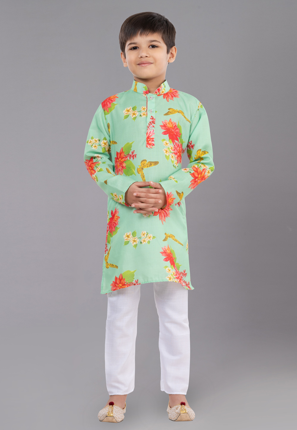 Sea Green Cotton Readymade Kids Kurta Pajama 260691