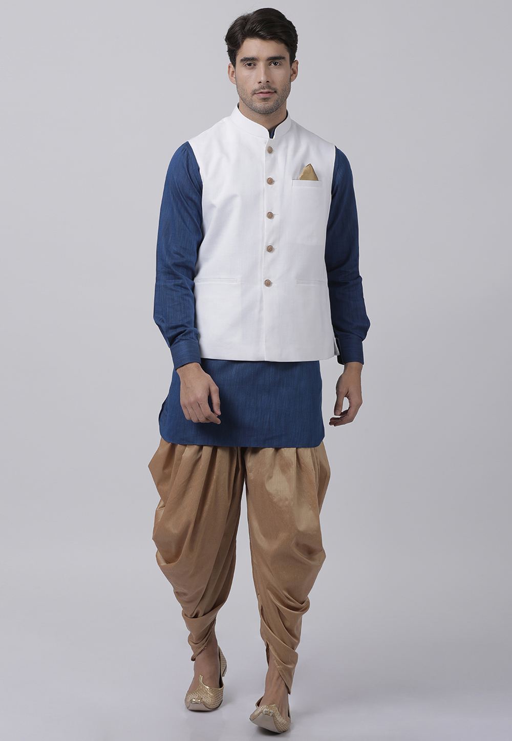 Navy Blue Cotton Readymade Dhoti Kurta With Jacket 184305