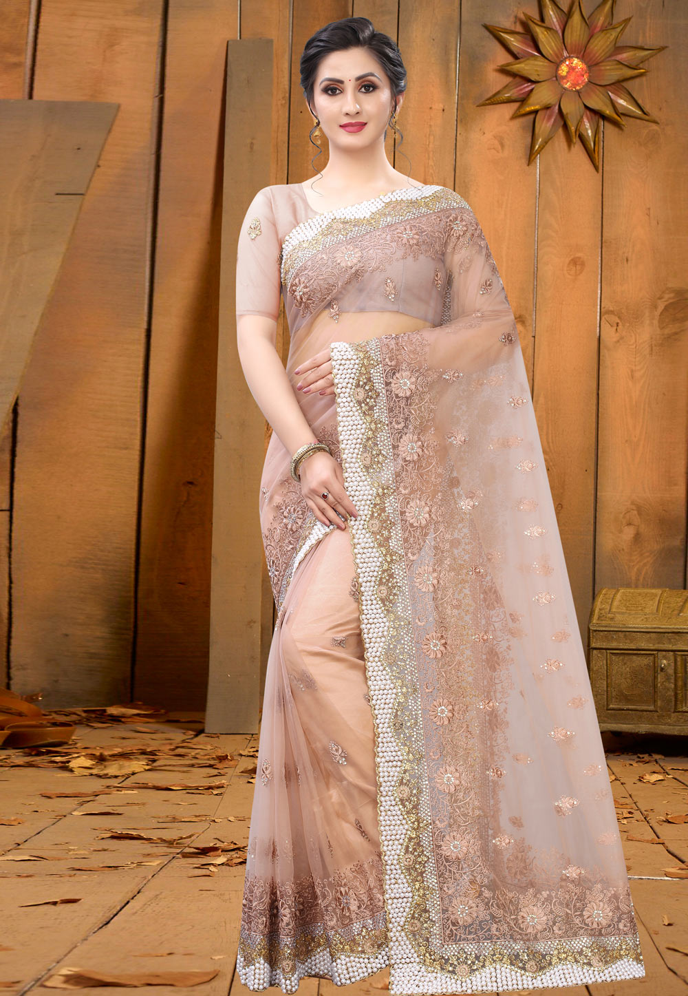 Peach Net Festival Wear Saree 214020