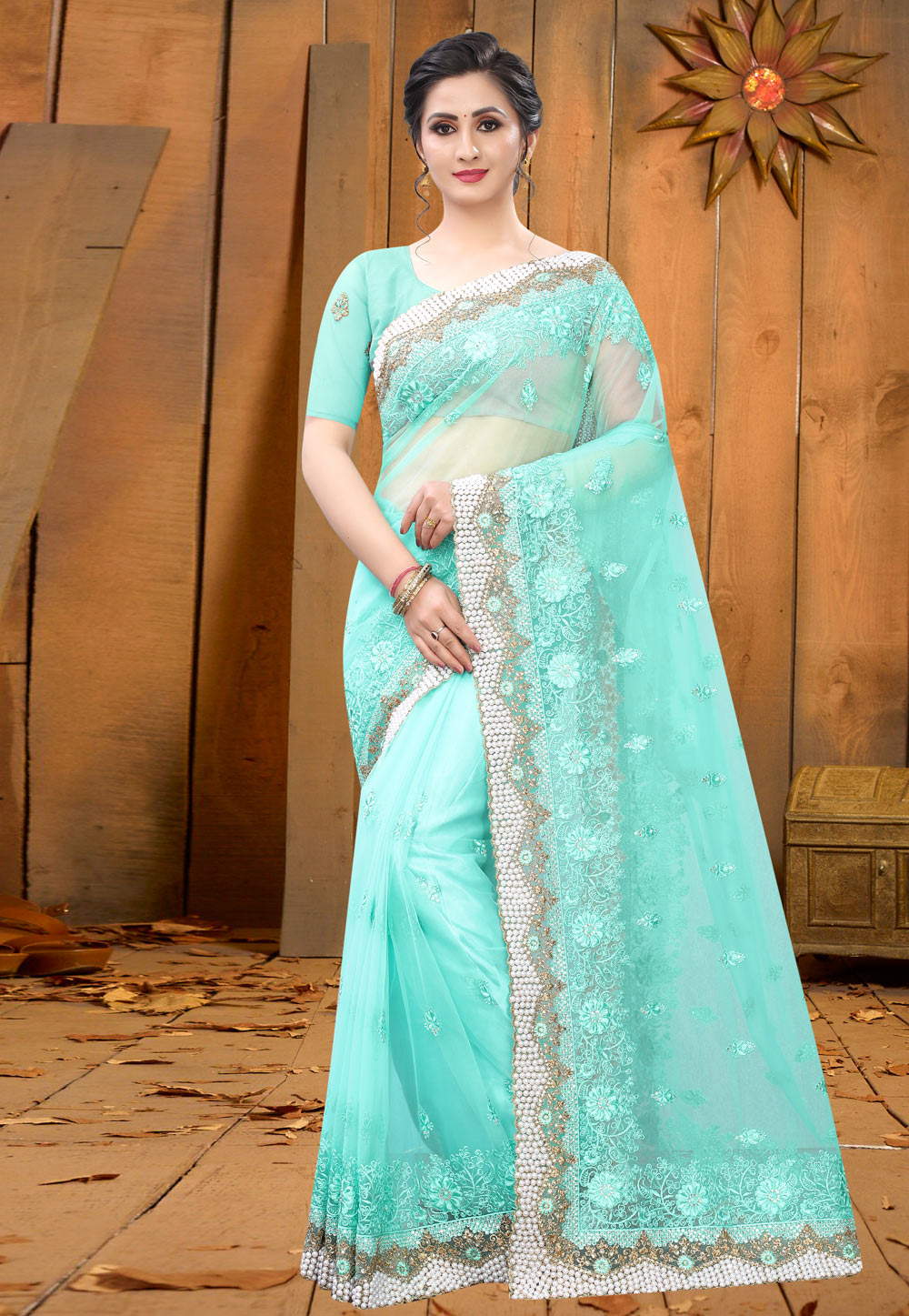 Aqua Net Saree With Blouse 214021