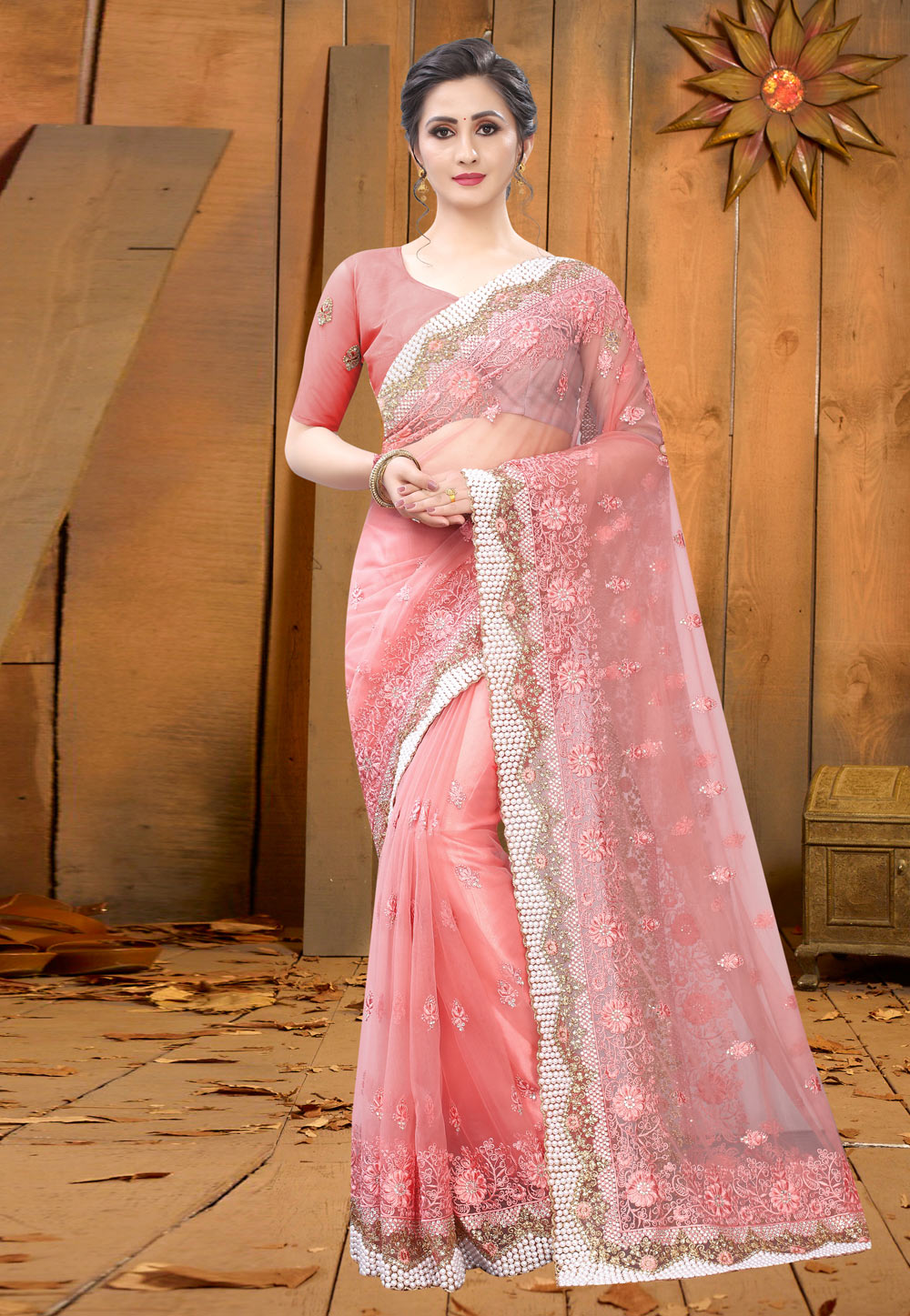 Pink Net Festival Wear Saree 214022