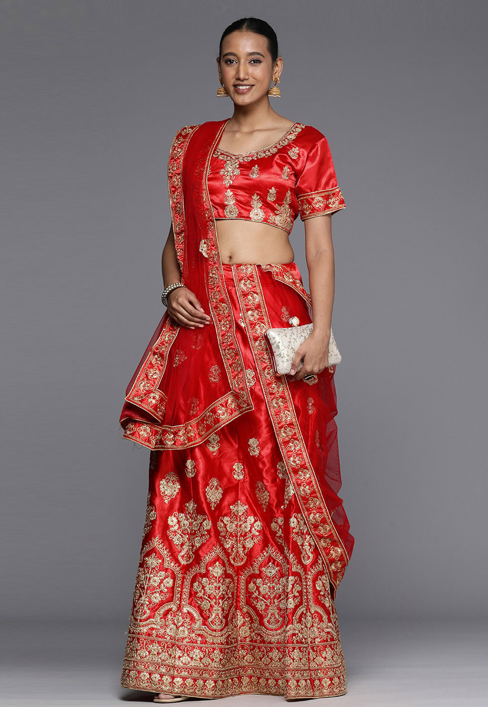 Red Satin Silk A Line Lehenga Choli 237373
