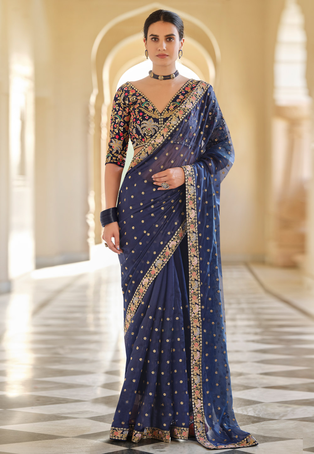 Navy Blue Organza Saree With Blouse 233269