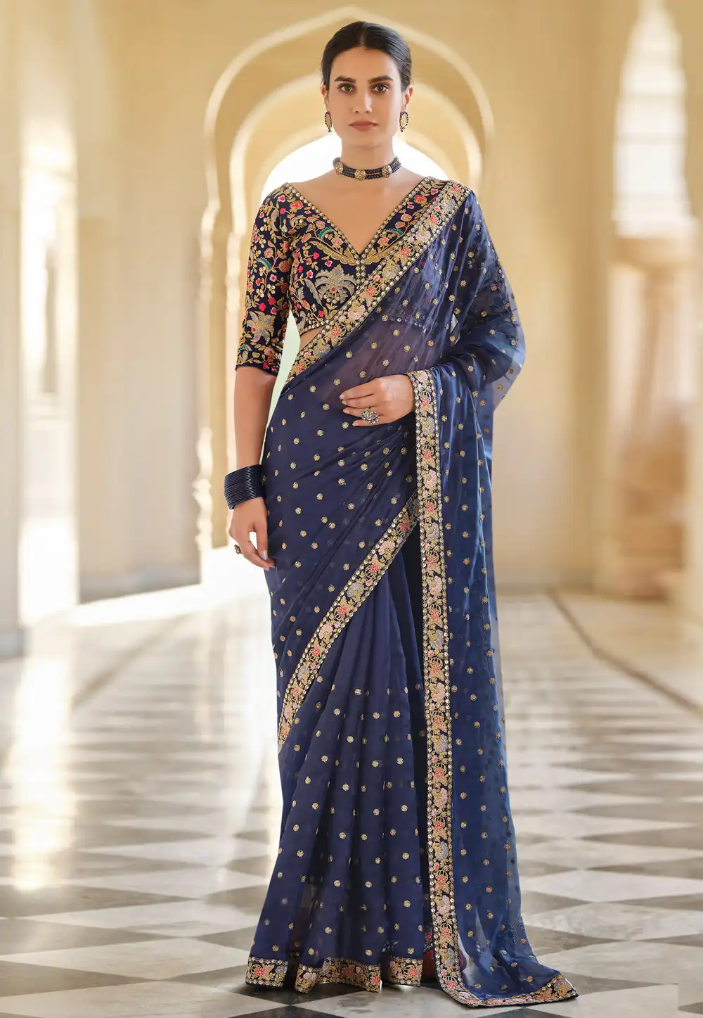 Navy Blue Organza Saree With Blouse 233269
