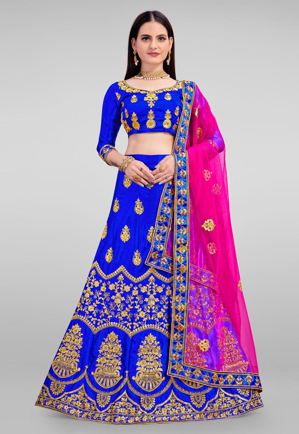 Blue Satin Silk A Line Lehenga Choli 237376