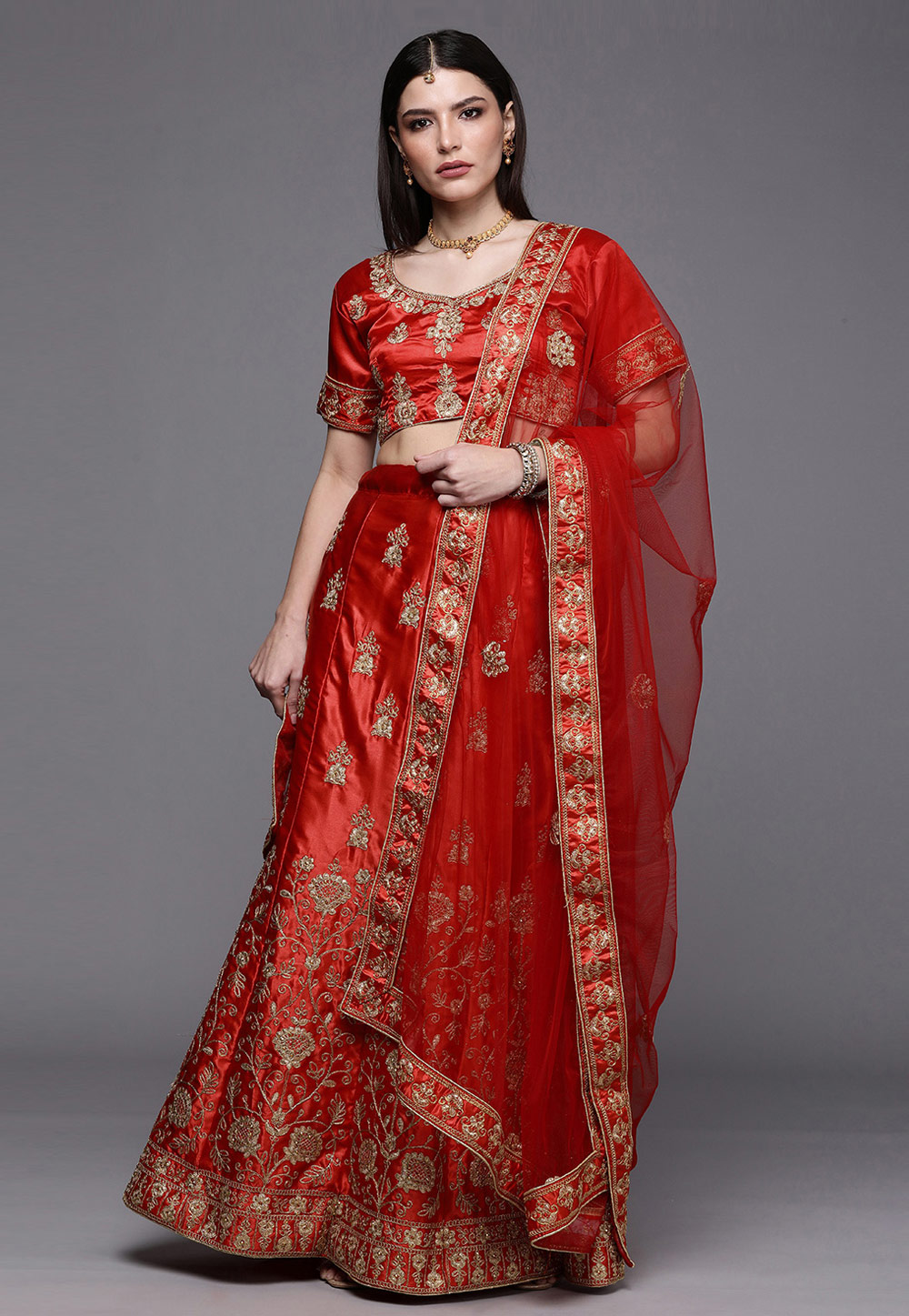Red Satin Silk A Line Lehenga Choli 237379