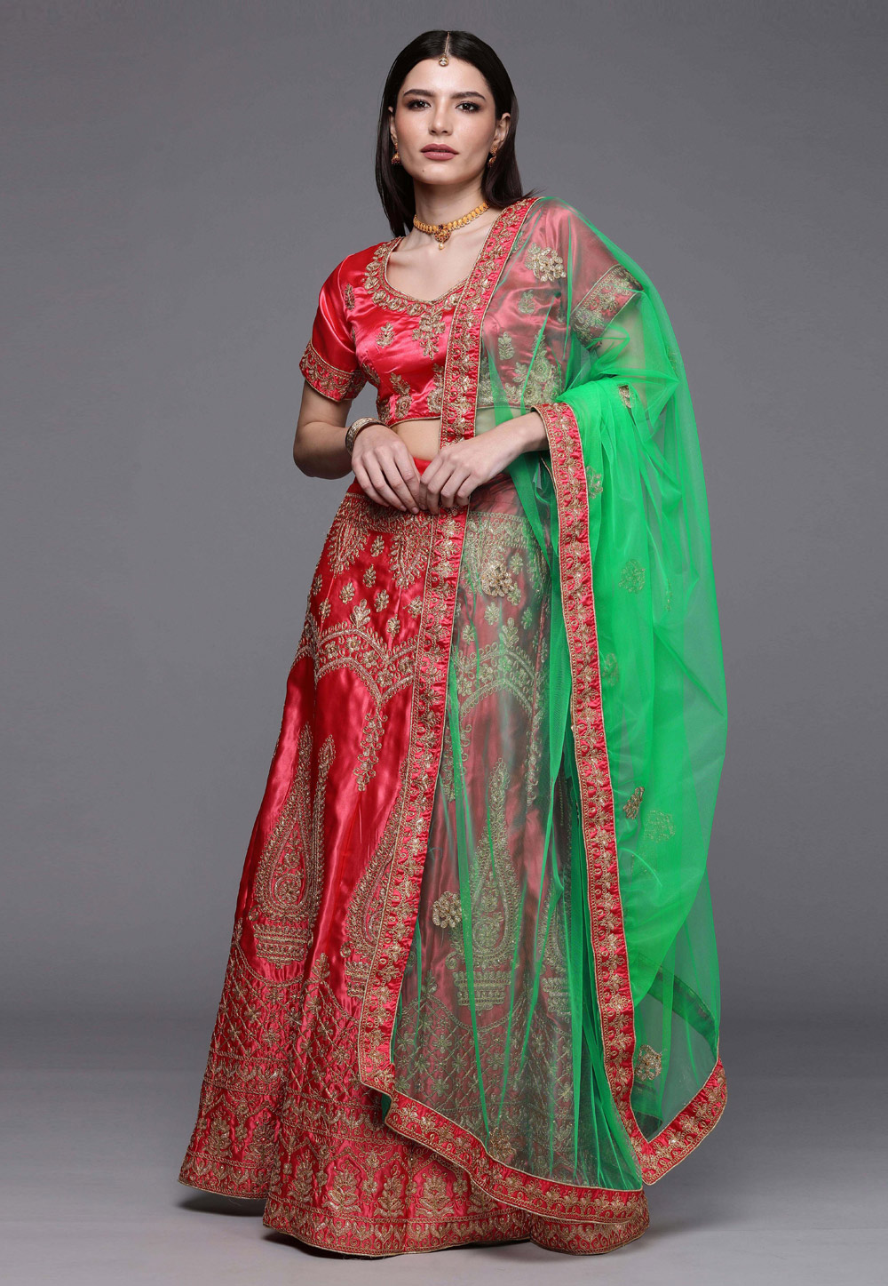 Red Satin Silk A Line Lehenga Choli 242168