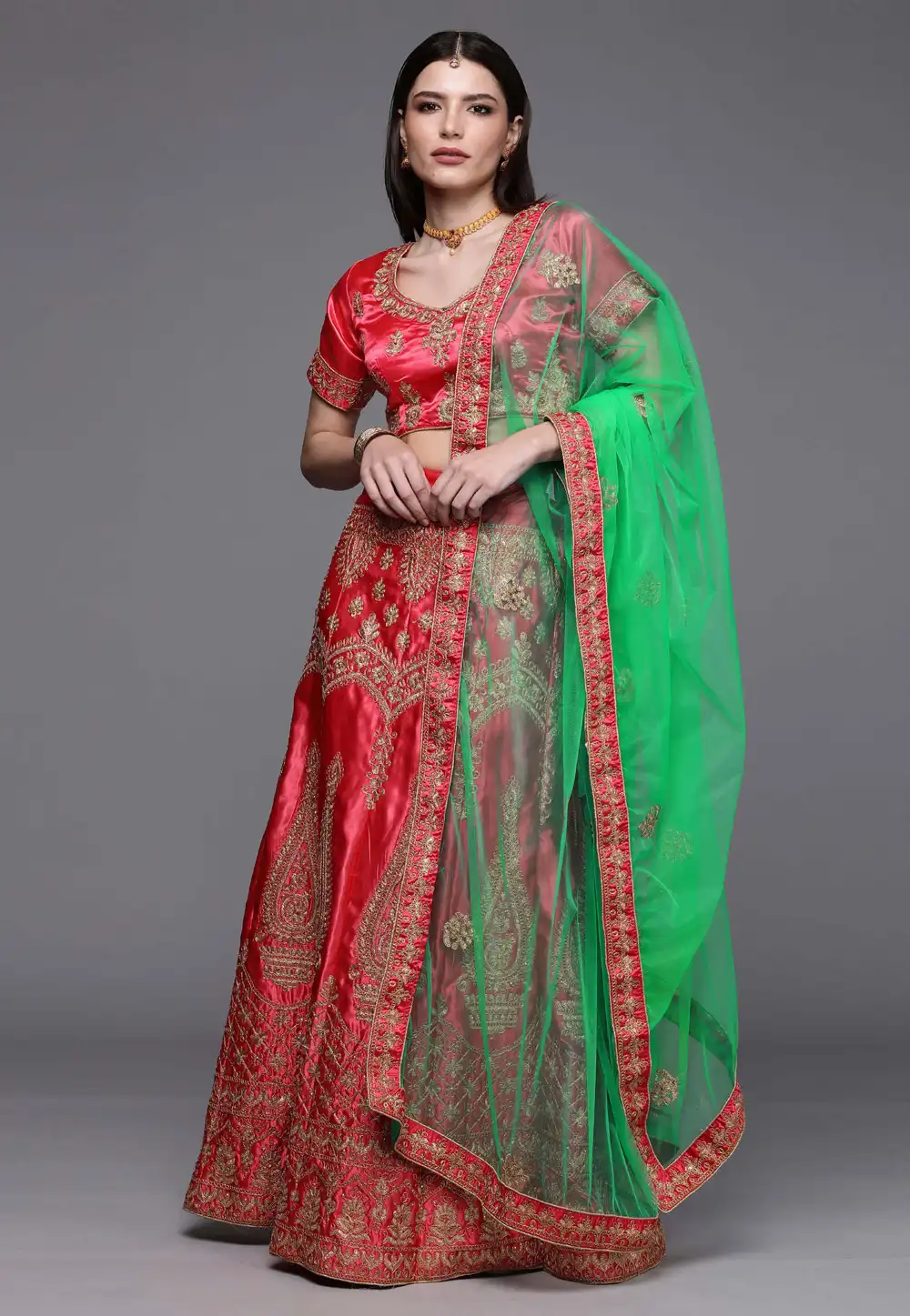 Red Satin Silk A Line Lehenga Choli 242168