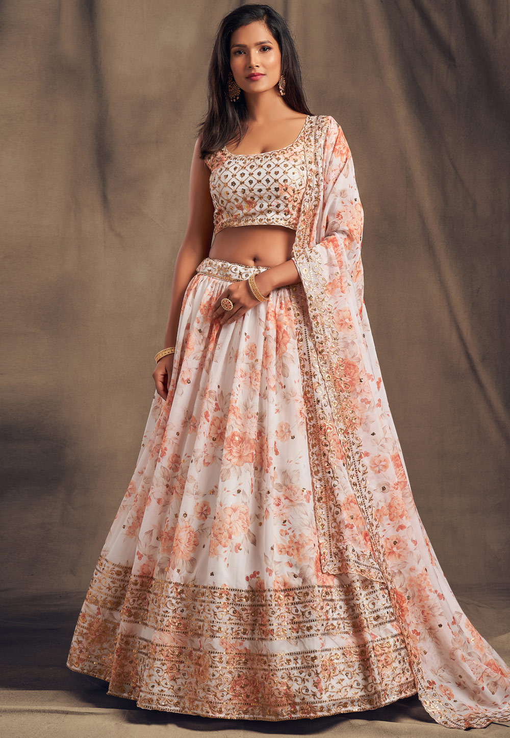 Off White Organza Sequins Work Lehenga Choli 235826