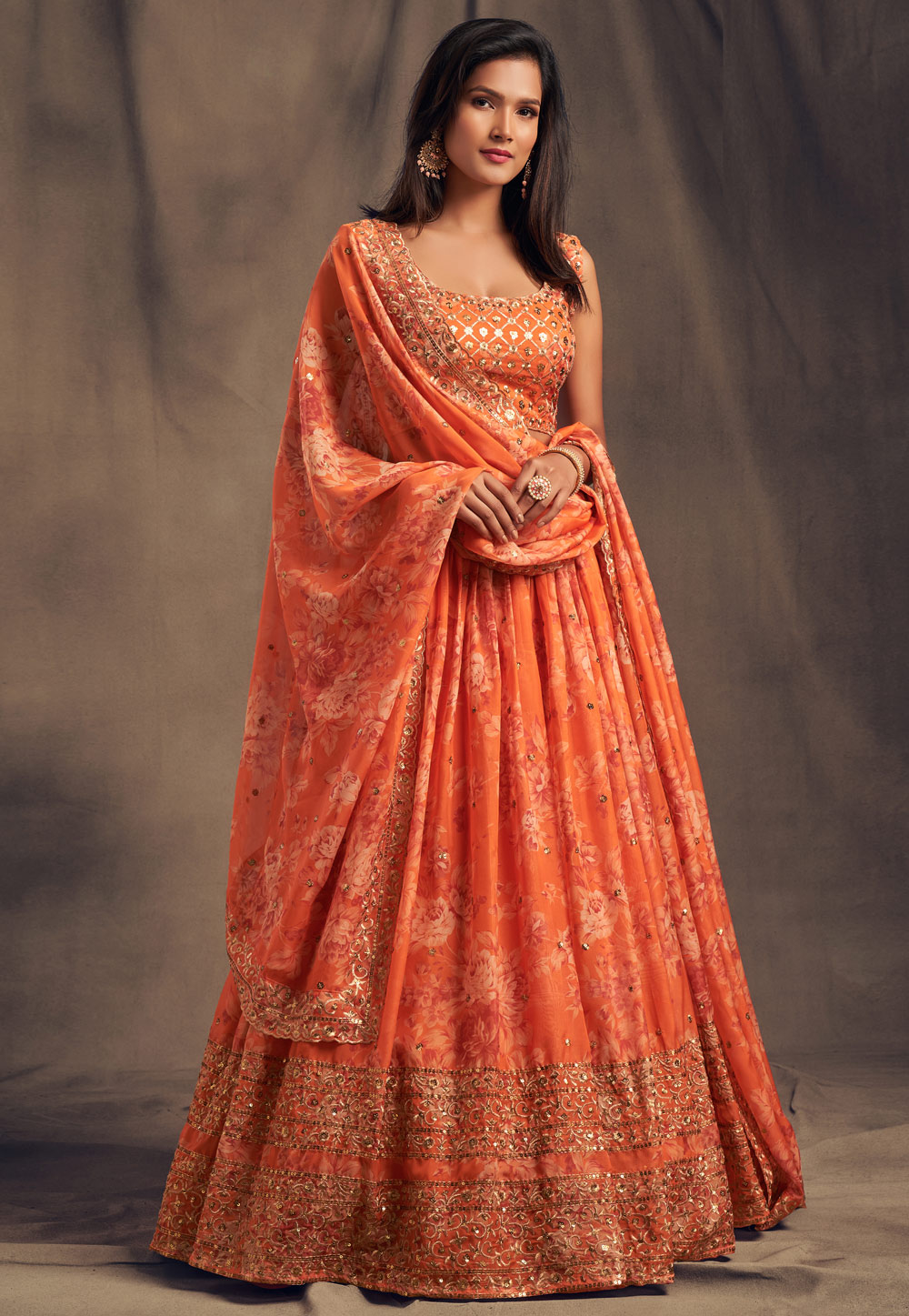 Orange Organza Sequins Work Lehenga Choli 235827