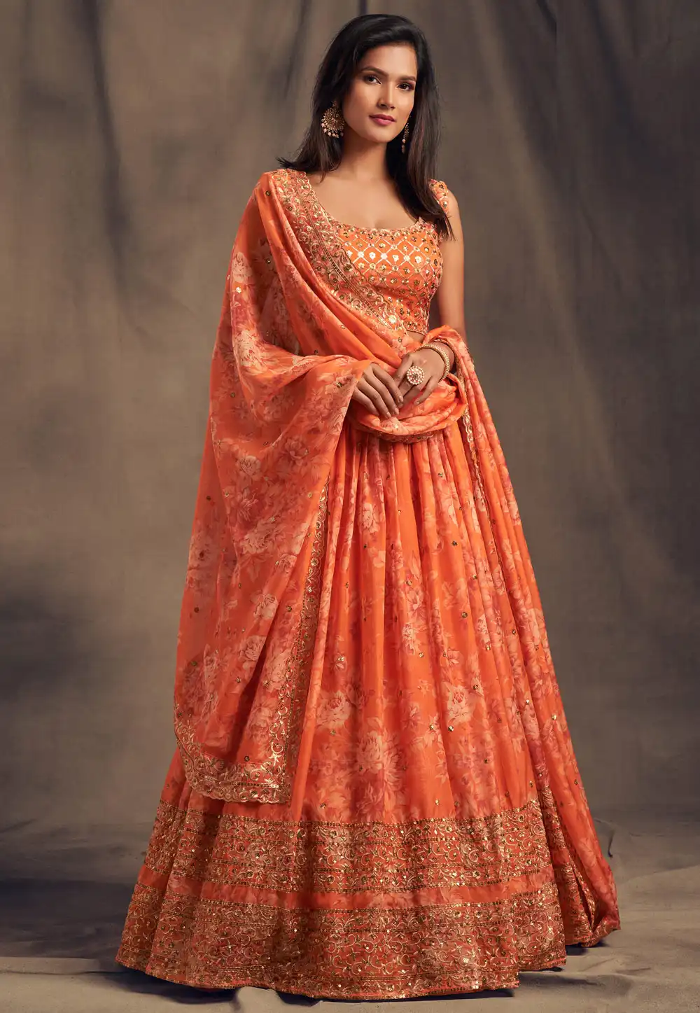 Orange Organza Sequins Work Lehenga Choli 235827