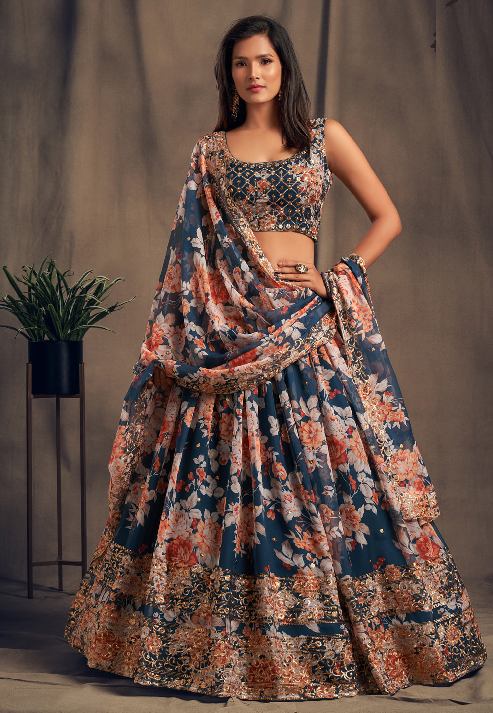Blue Organza Sequins Work Printed Lehenga Choli
