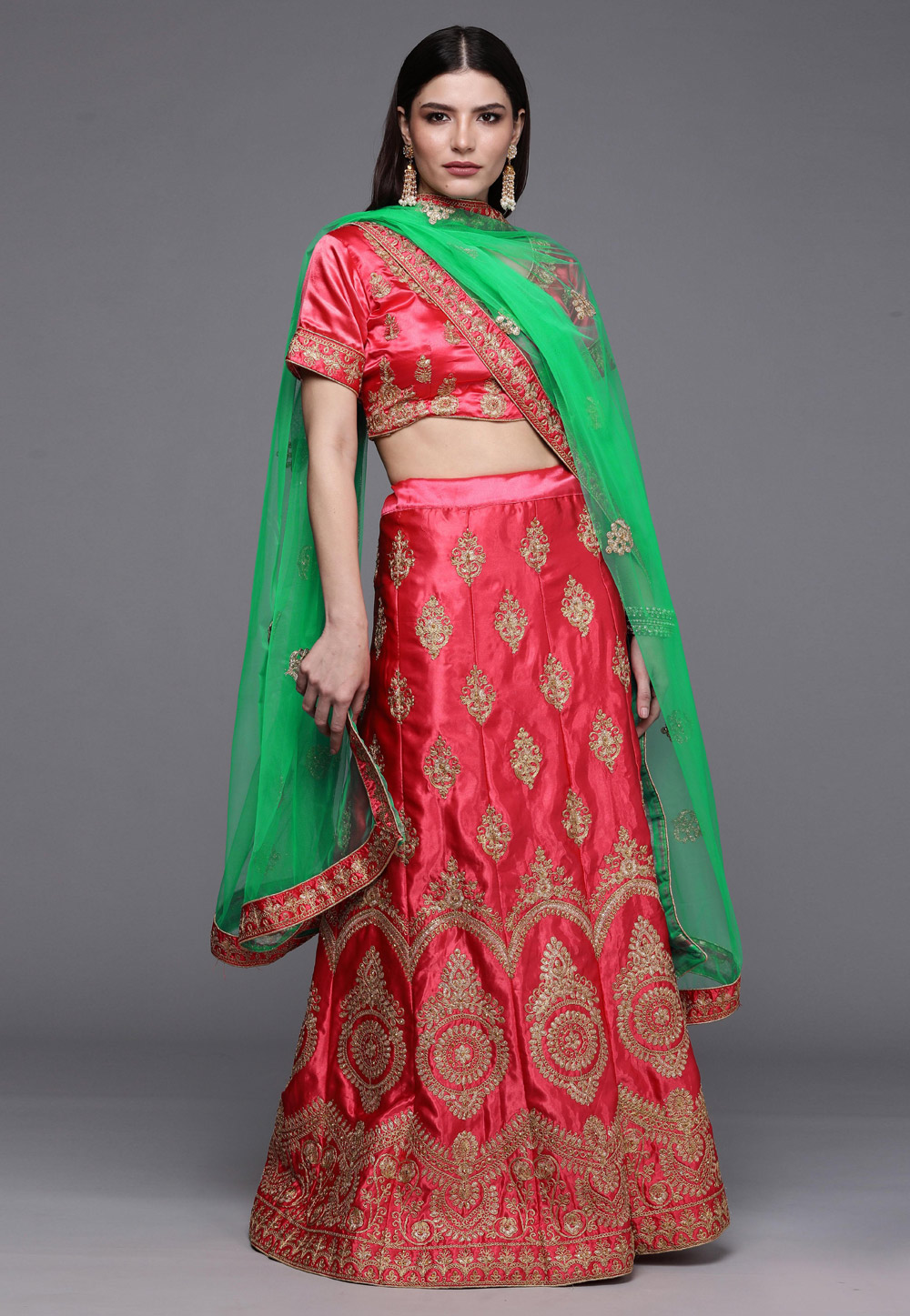 Red Satin Silk A Line Lehenga Choli 242164