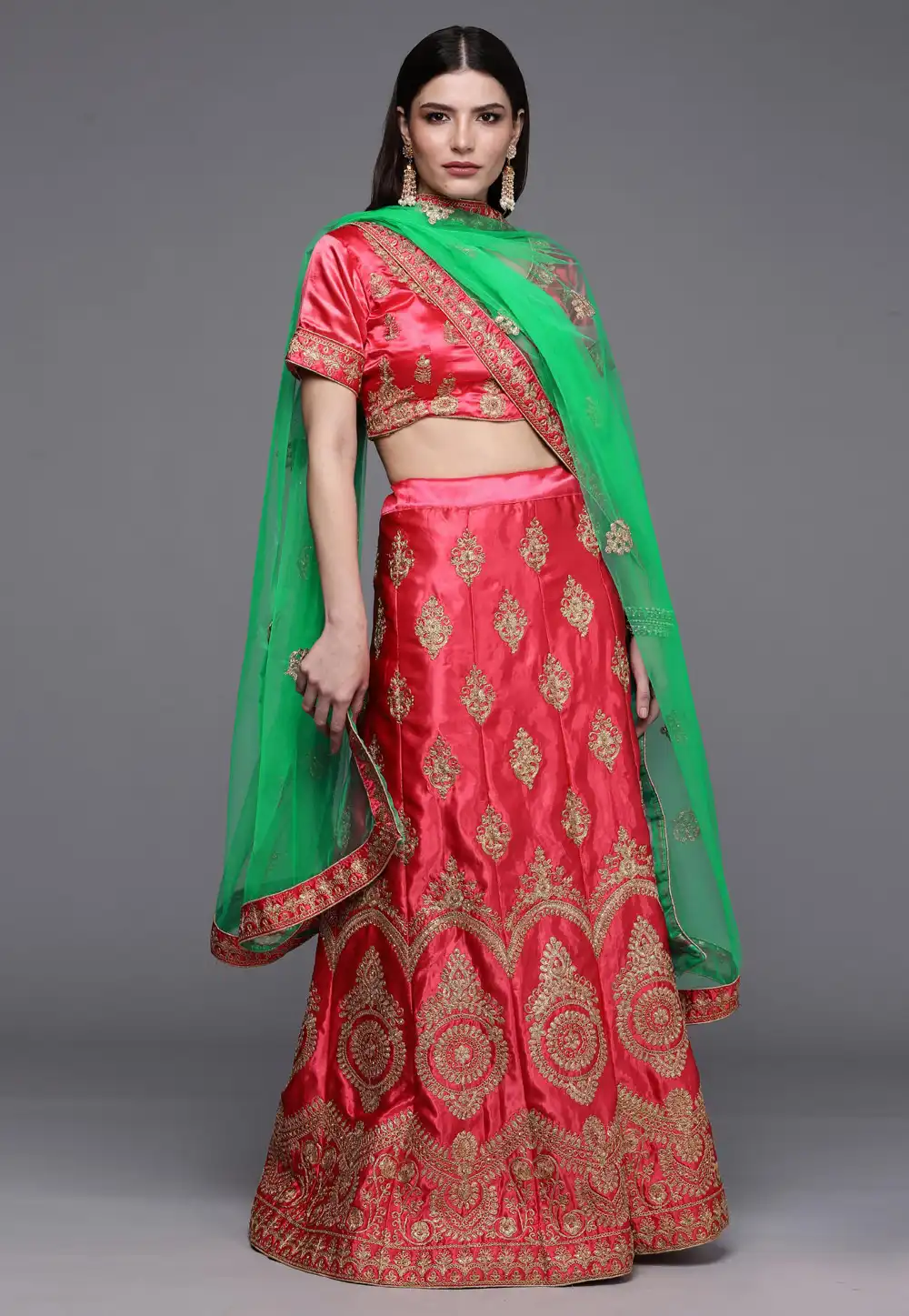 Red Satin Silk A Line Lehenga Choli 242164