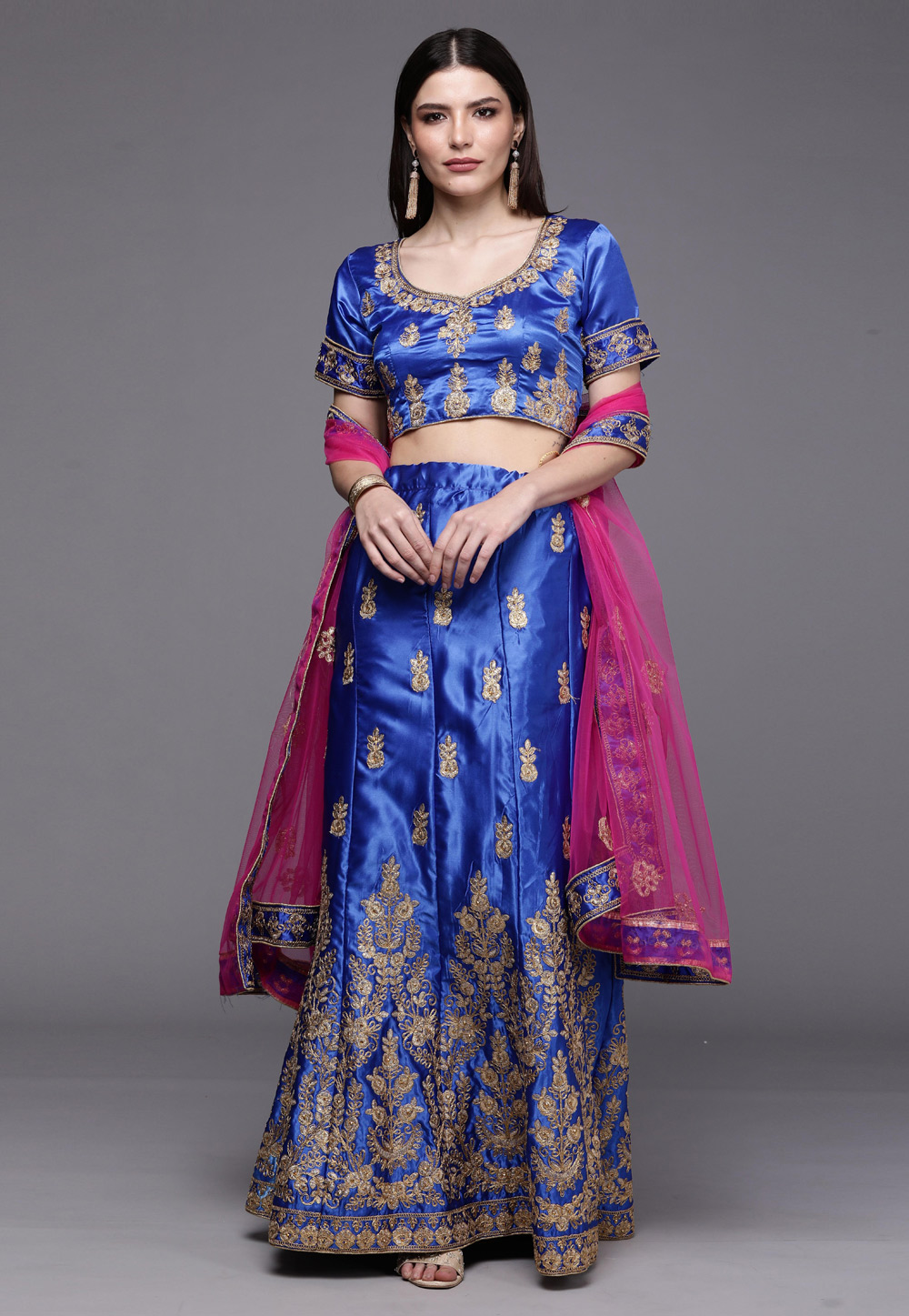 Blue Satin Silk A Line Lehenga Choli 242165