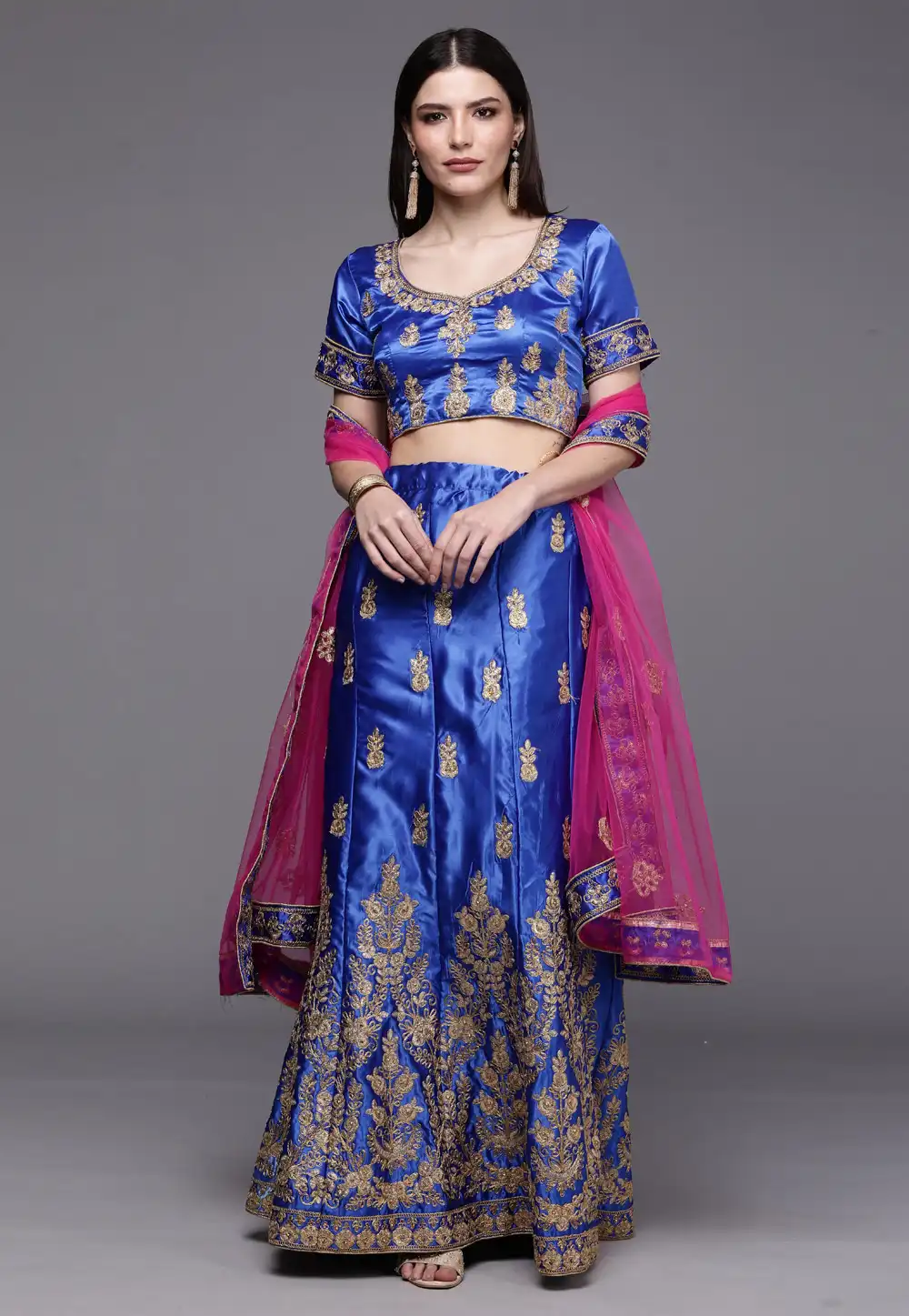 Blue Satin Silk A Line Lehenga Choli 242165