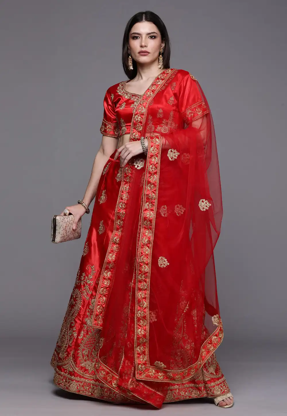 Red Satin Silk A Line Lehenga Choli 242166