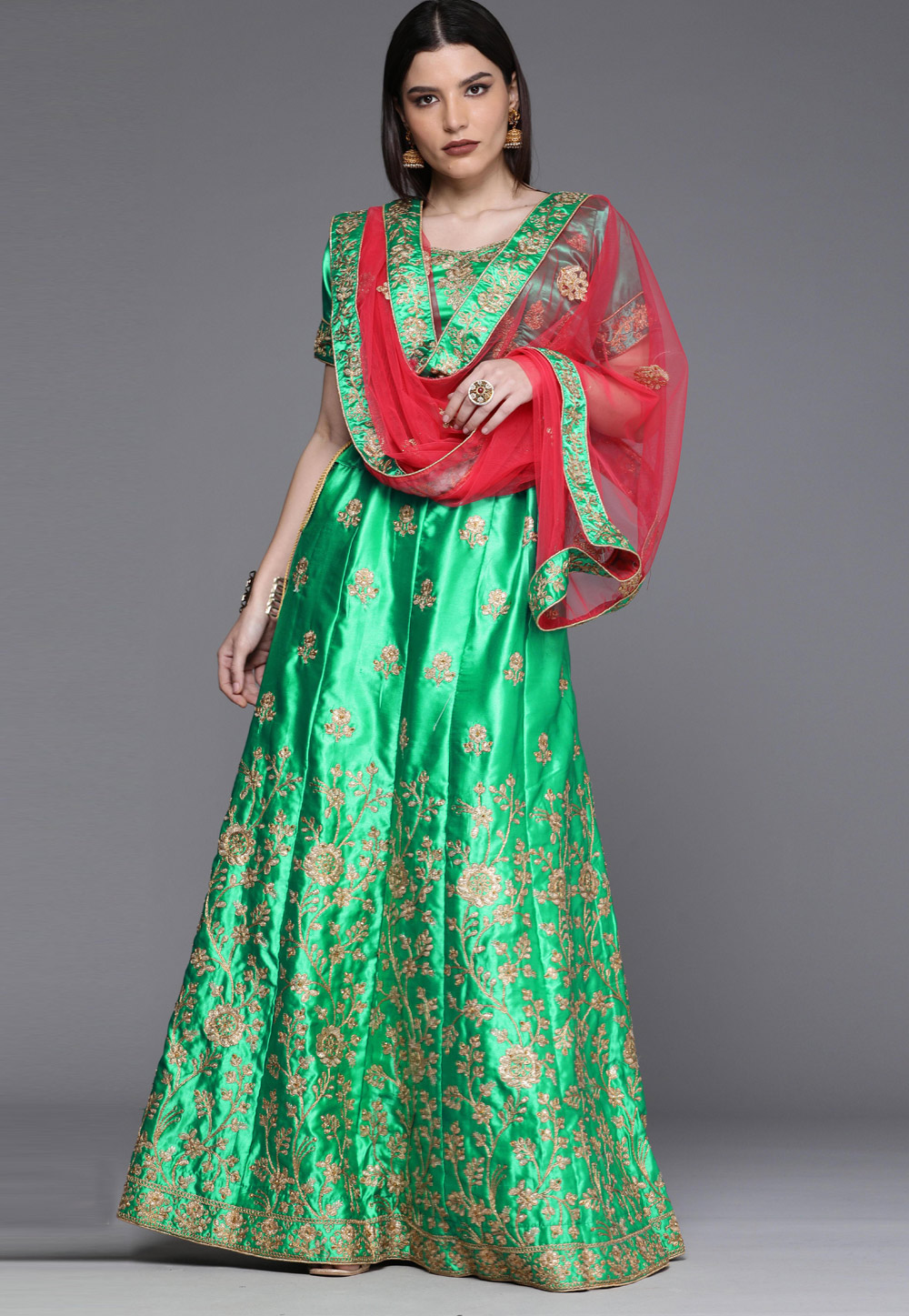 Light Green Satin Silk A Line Lehenga Choli 242167