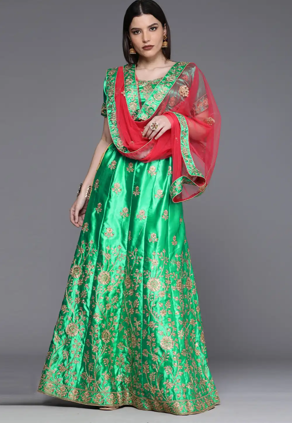 Light Green Satin Silk A Line Lehenga Choli 242167