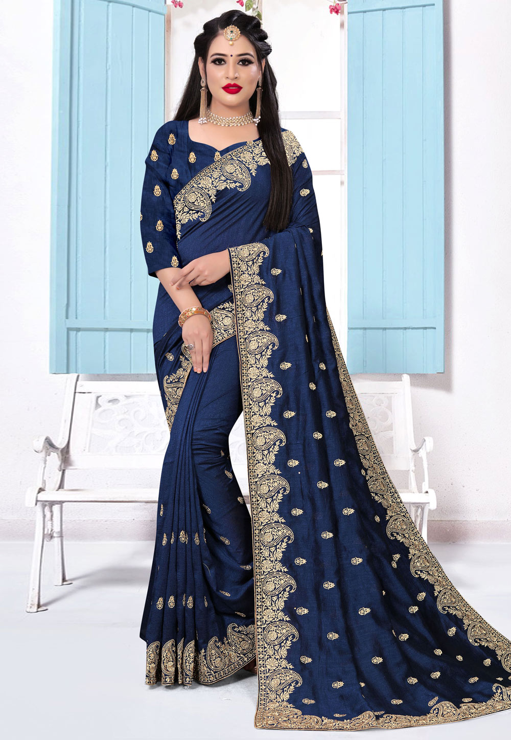 Navy Blue Silk Saree With Blouse 214430