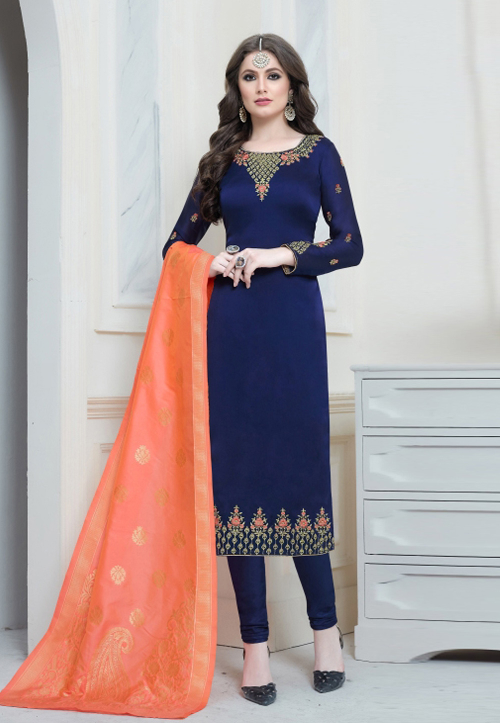 Navy Blue Satin Churidar Suit 184571